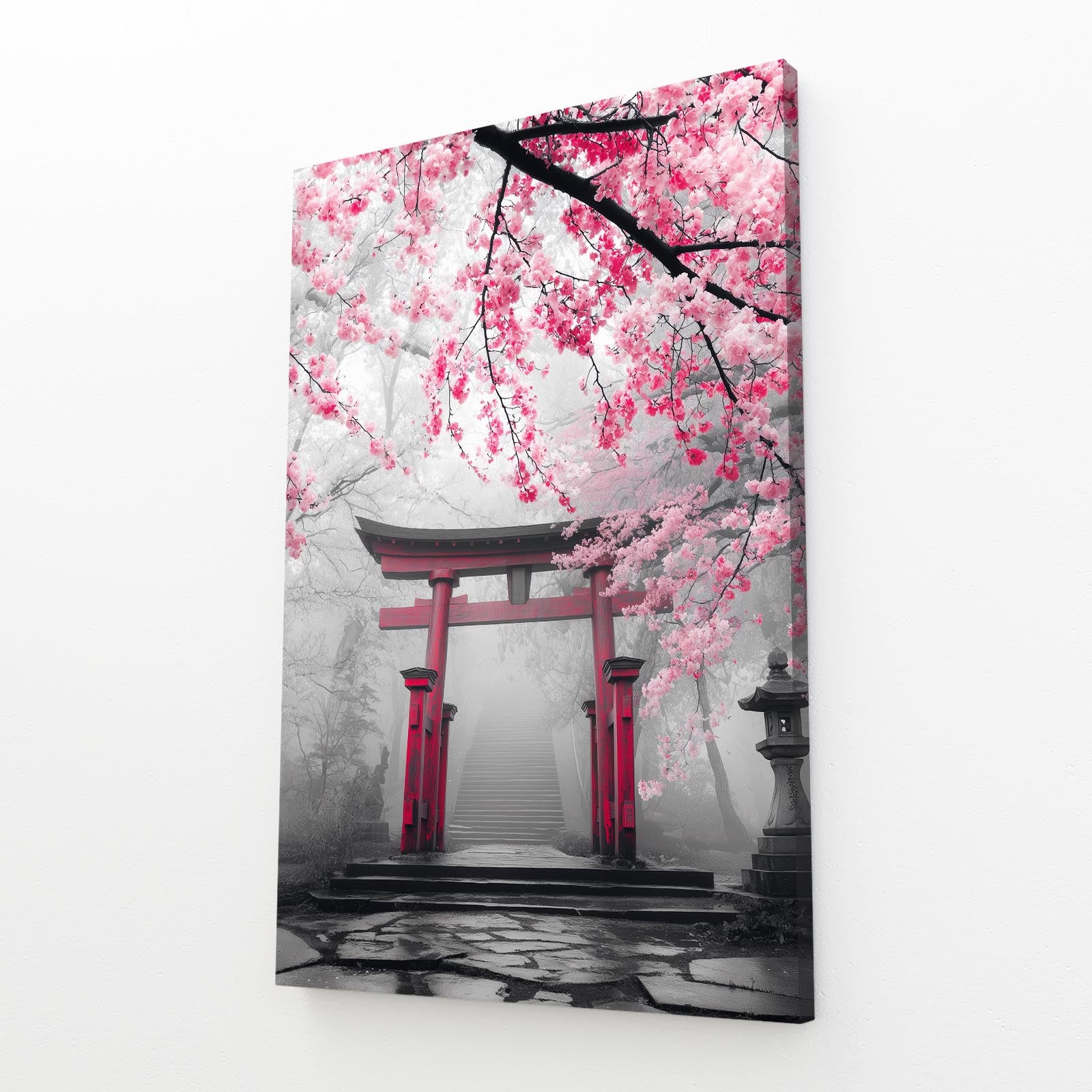 Misty Torii Gate Cherry Blossom Art – angled canvas view on white background