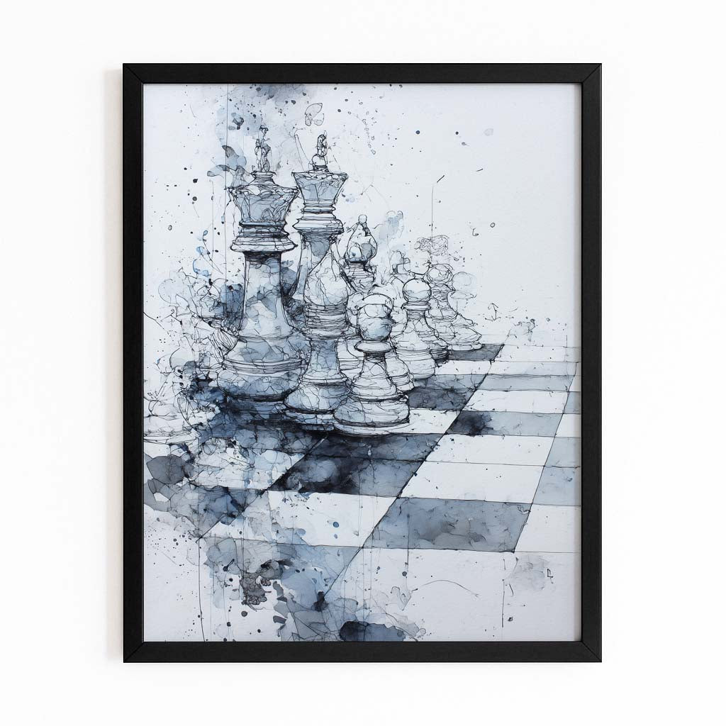 Misty Watercolor Board Chess Art – with Premium Black frame on white background