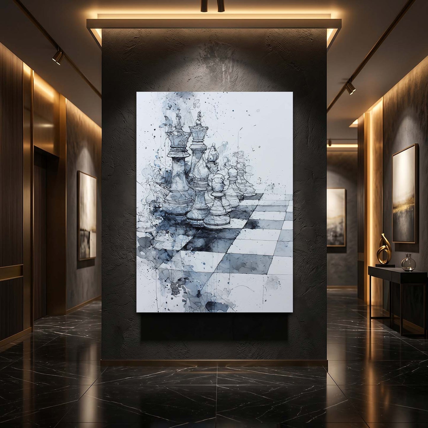 Misty Watercolor Board Chess Art – styled in a furnished interior