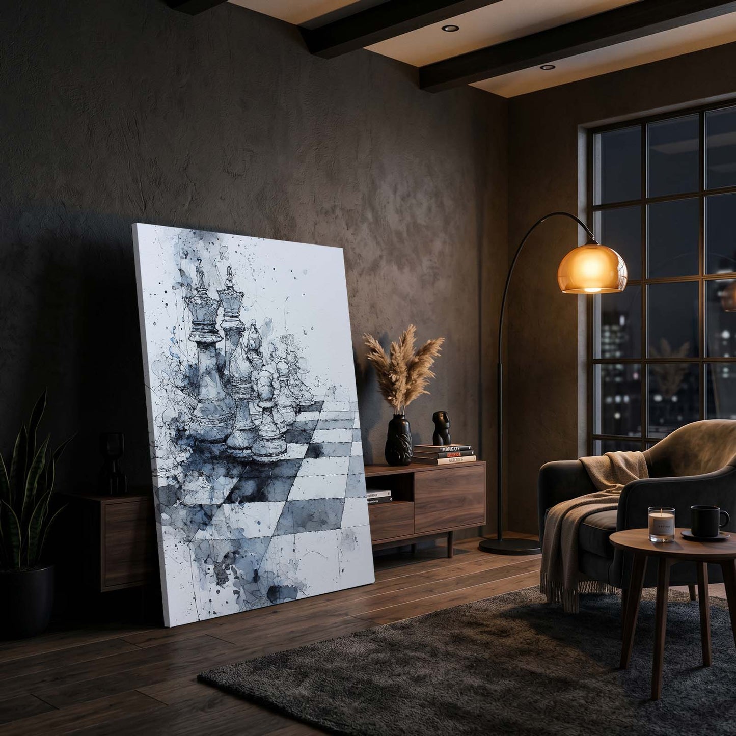 Misty Watercolor Board Chess Art – styled in a furnished interior