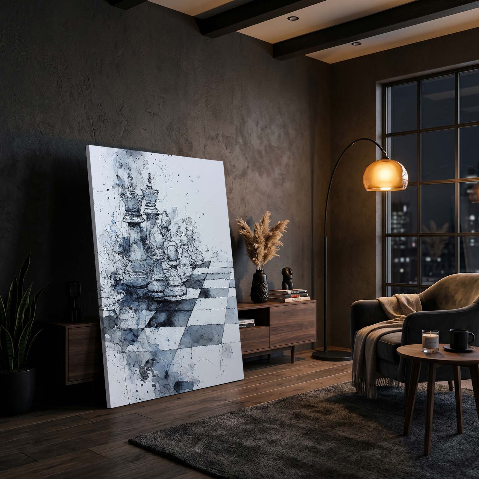 Misty Watercolor Board Chess Art – styled in a furnished interior