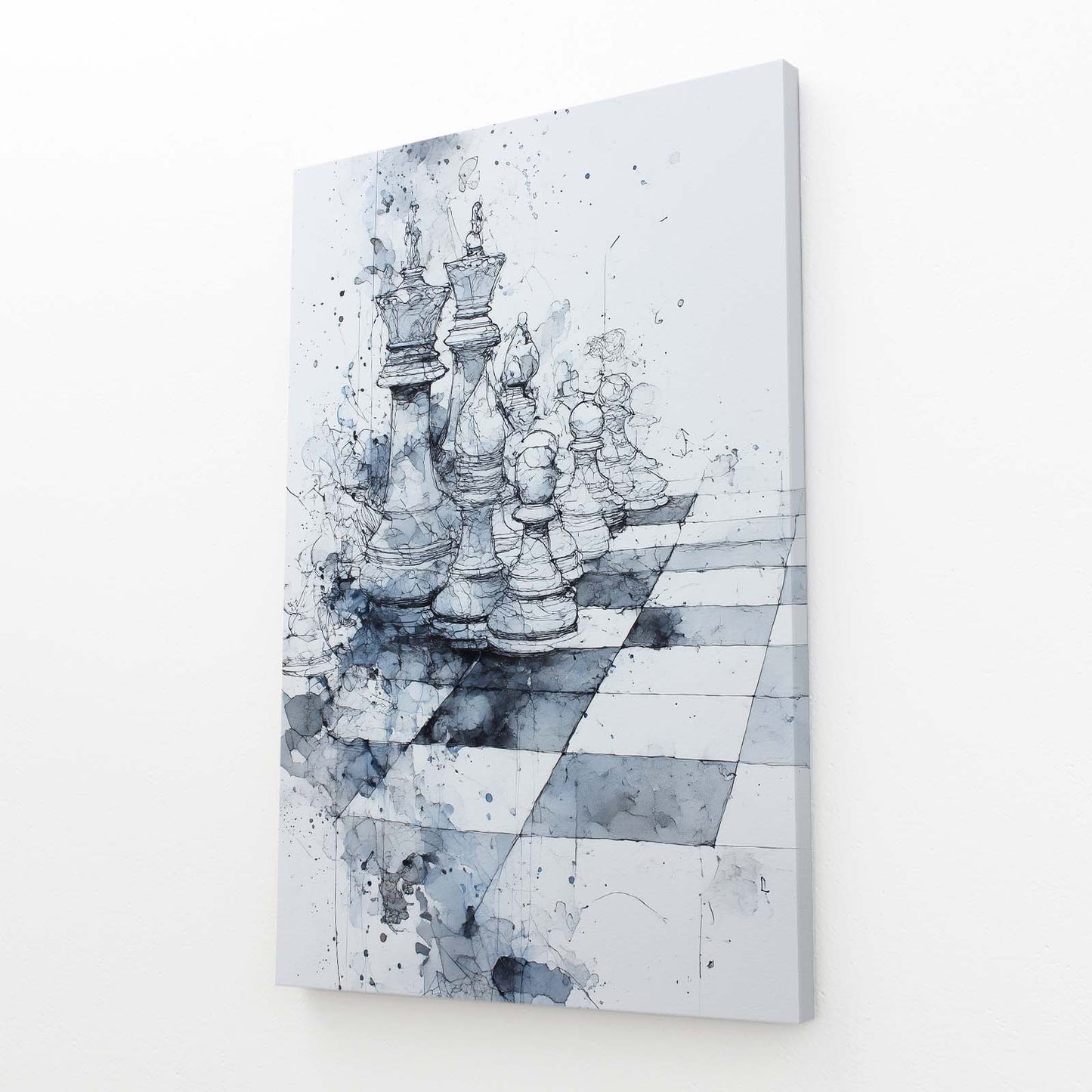 Misty Watercolor Board Chess Art – angled canvas view on white background