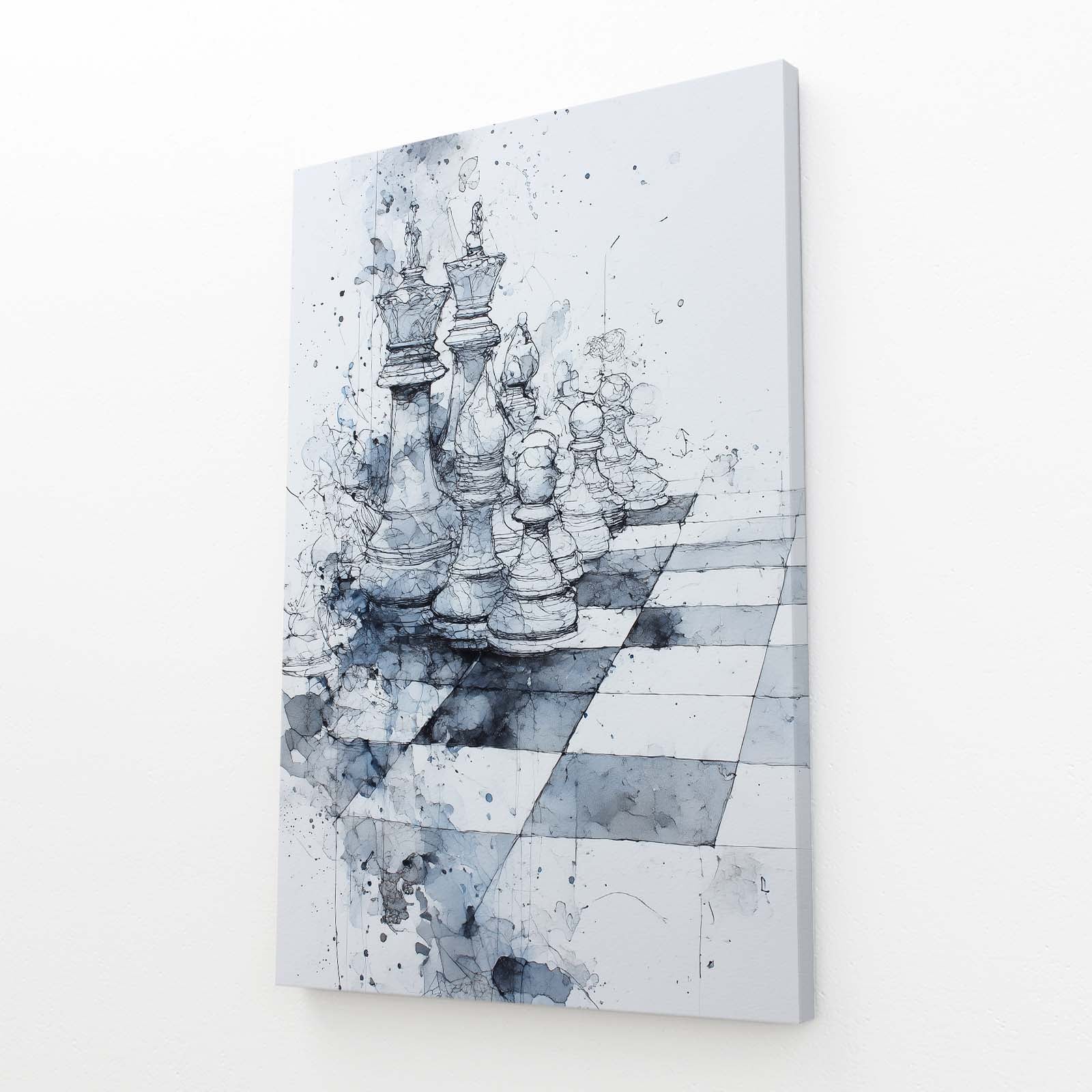 Misty Watercolor Board Chess Art – angled canvas view on white background