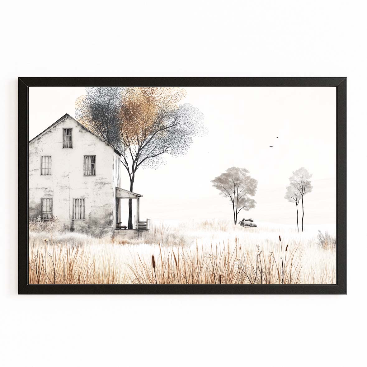 Misty Winter Farmhouse Farmhouse Canvas – with Premium Black frame on white background