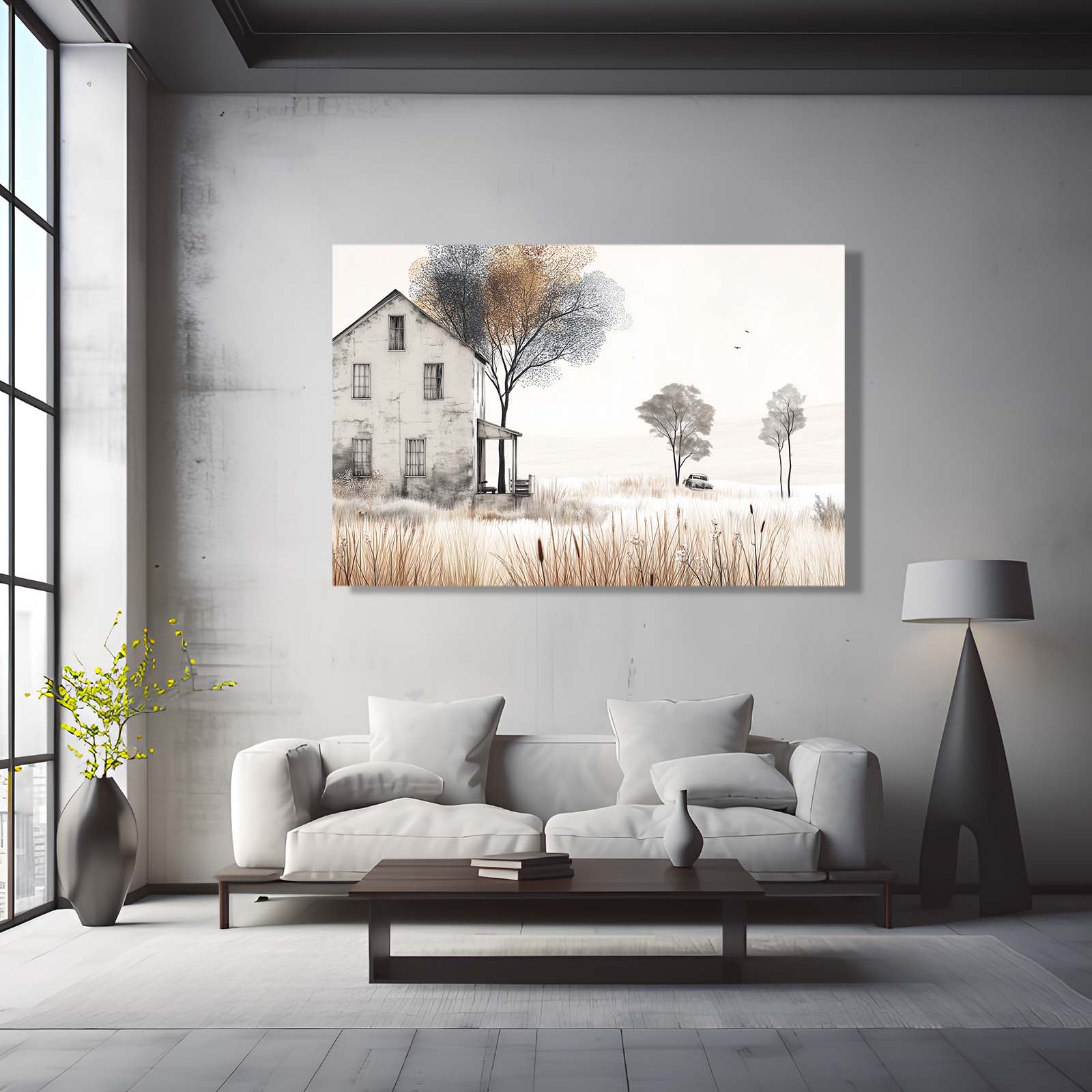 Misty Winter Farmhouse Farmhouse Canvas – styled in a furnished interior