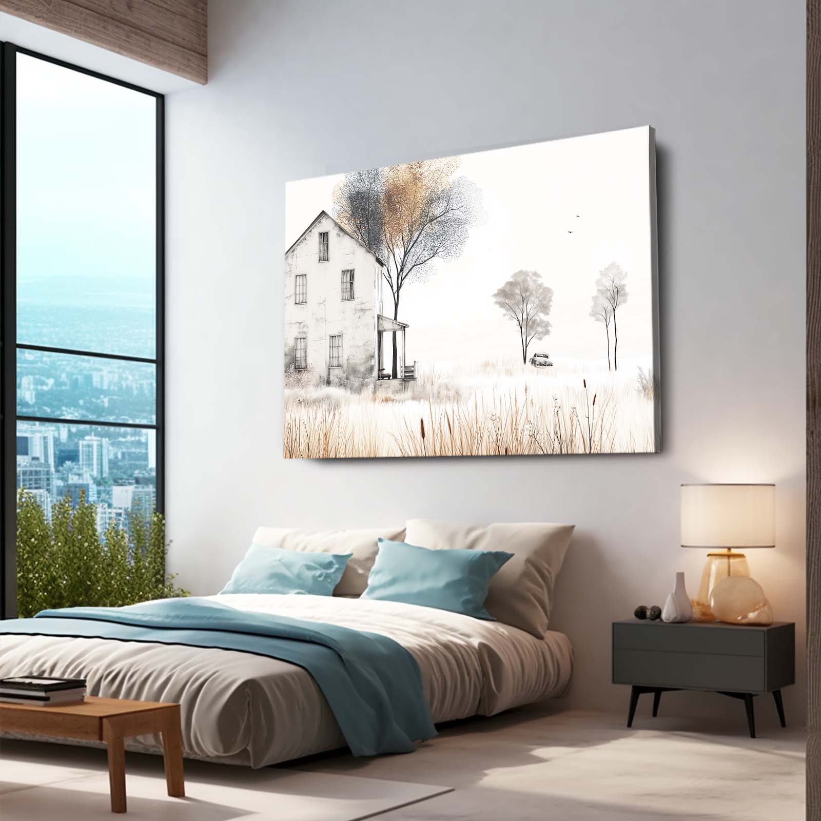 Misty Winter Farmhouse Farmhouse Canvas – styled in a furnished interior