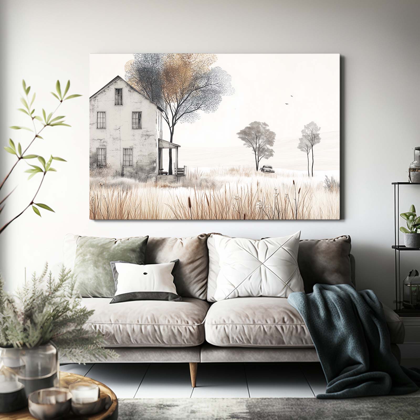 Misty Winter Farmhouse Farmhouse Canvas – styled in a furnished interior