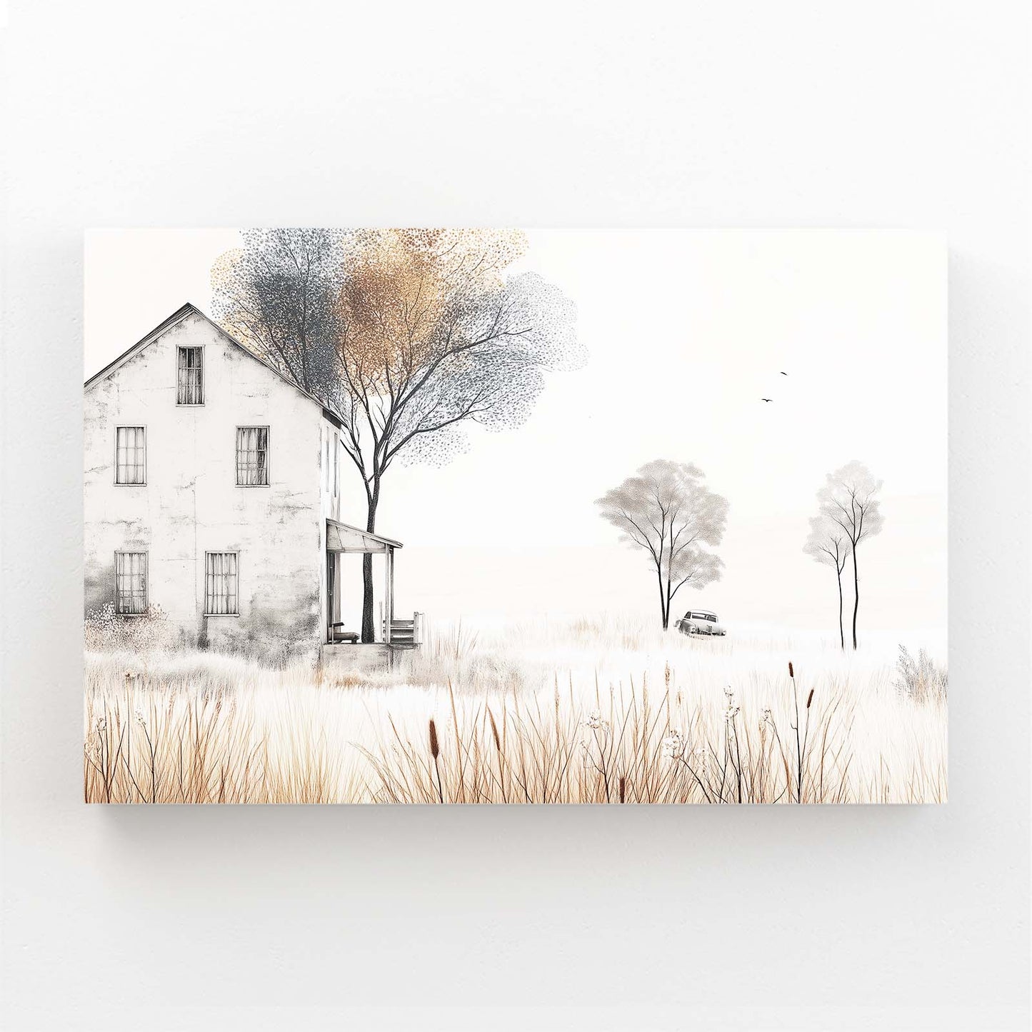 Misty Winter Farmhouse Farmhouse Canvas – angled canvas view on white background
