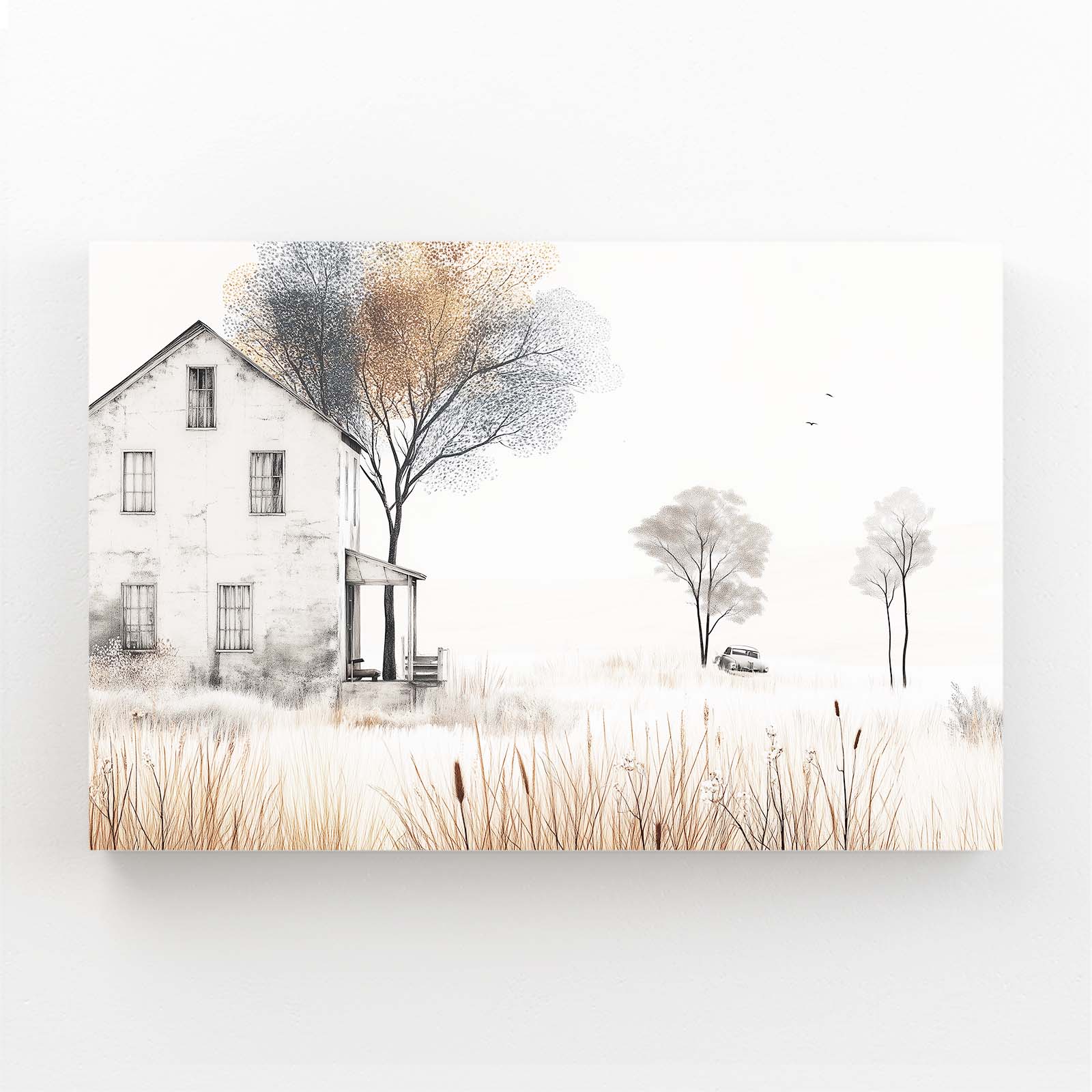 Misty Winter Farmhouse Farmhouse Canvas – angled canvas view on white background