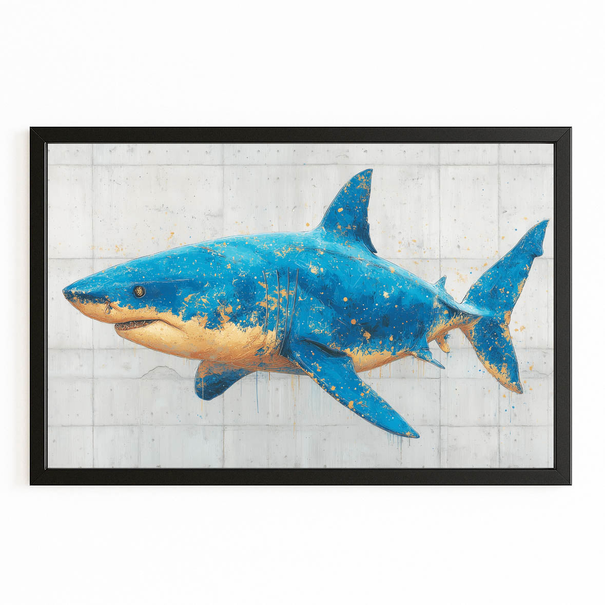 Modern Blueprint Shark Canvas – with Premium Black frame on white background