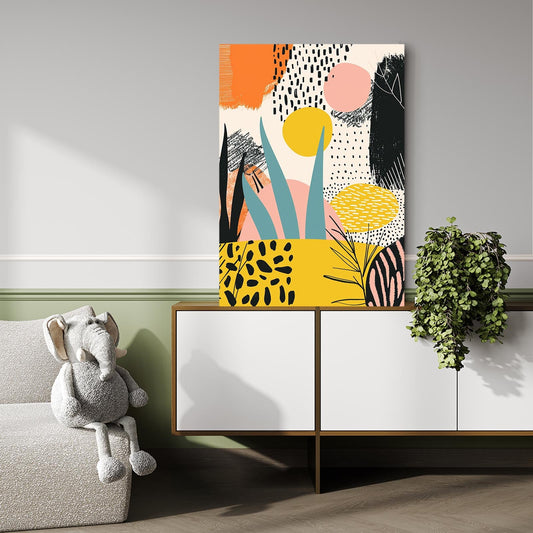 Modern Boho Art Decor — contemporary canvas print in yellow tones, styled in a furnished interior