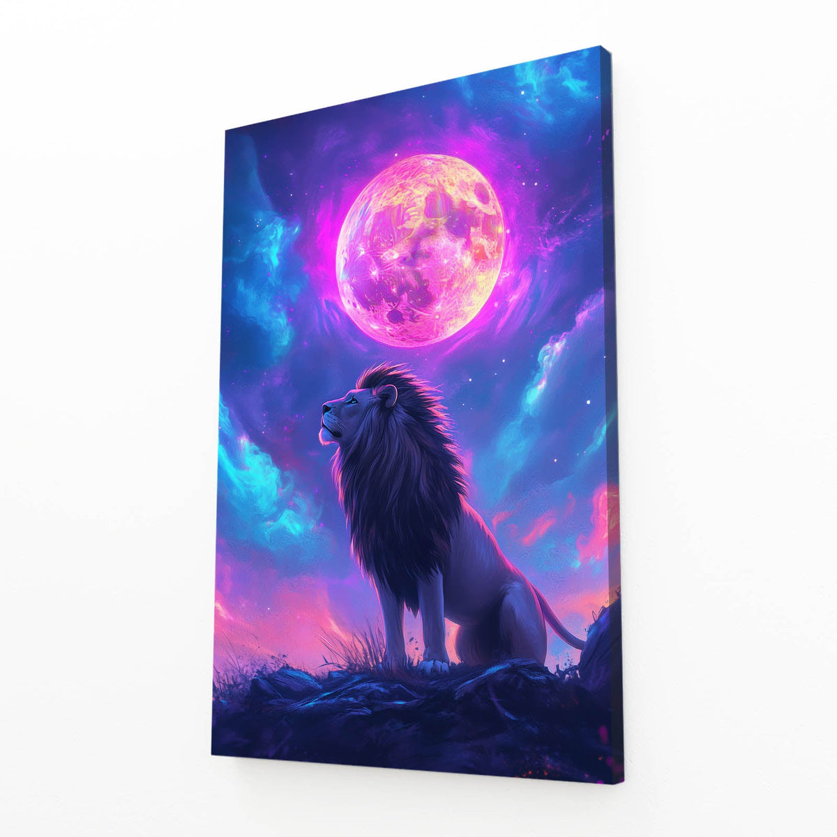 Modern Lion Art — digital canvas print in blue tones, angled canvas view on white background