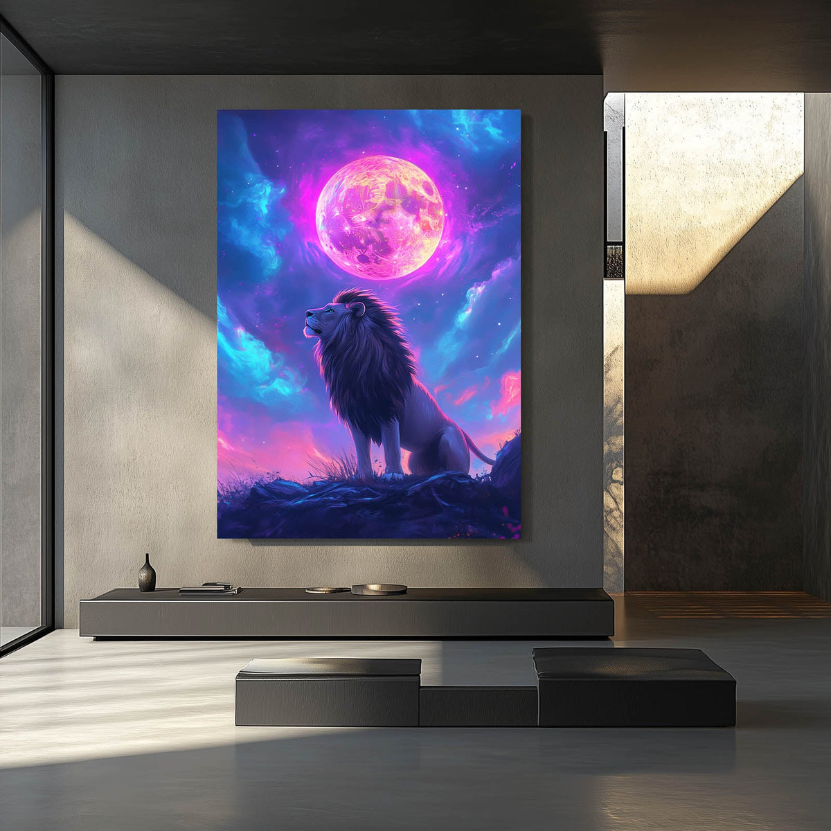 Modern Lion Art — digital canvas print in blue tones, styled in a furnished interior