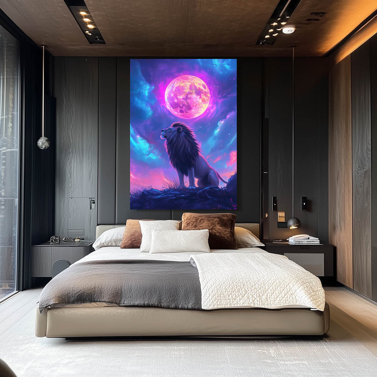 Modern Lion Art — digital canvas print in blue tones, styled in a furnished interior
