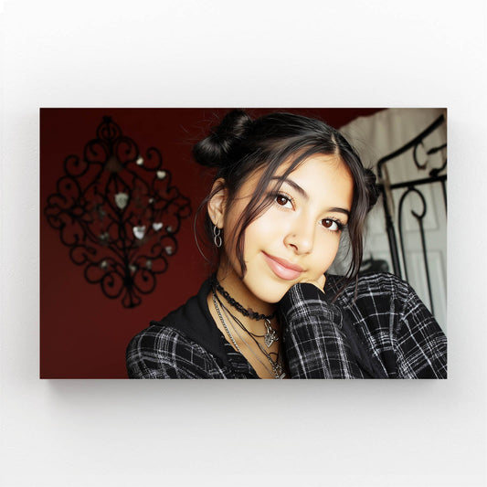 Modern Muse Photography Wall Art – smiling woman in plaid against burgundy with iron scrollwork
