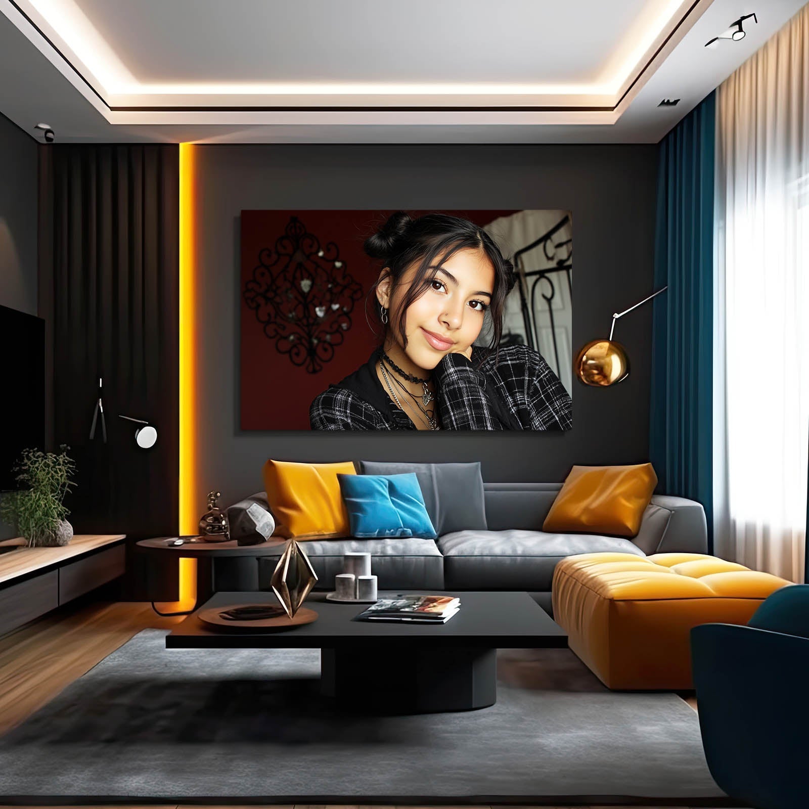 Modern Muse Photography Wall Art – in a dark lounge with orange accent sofa