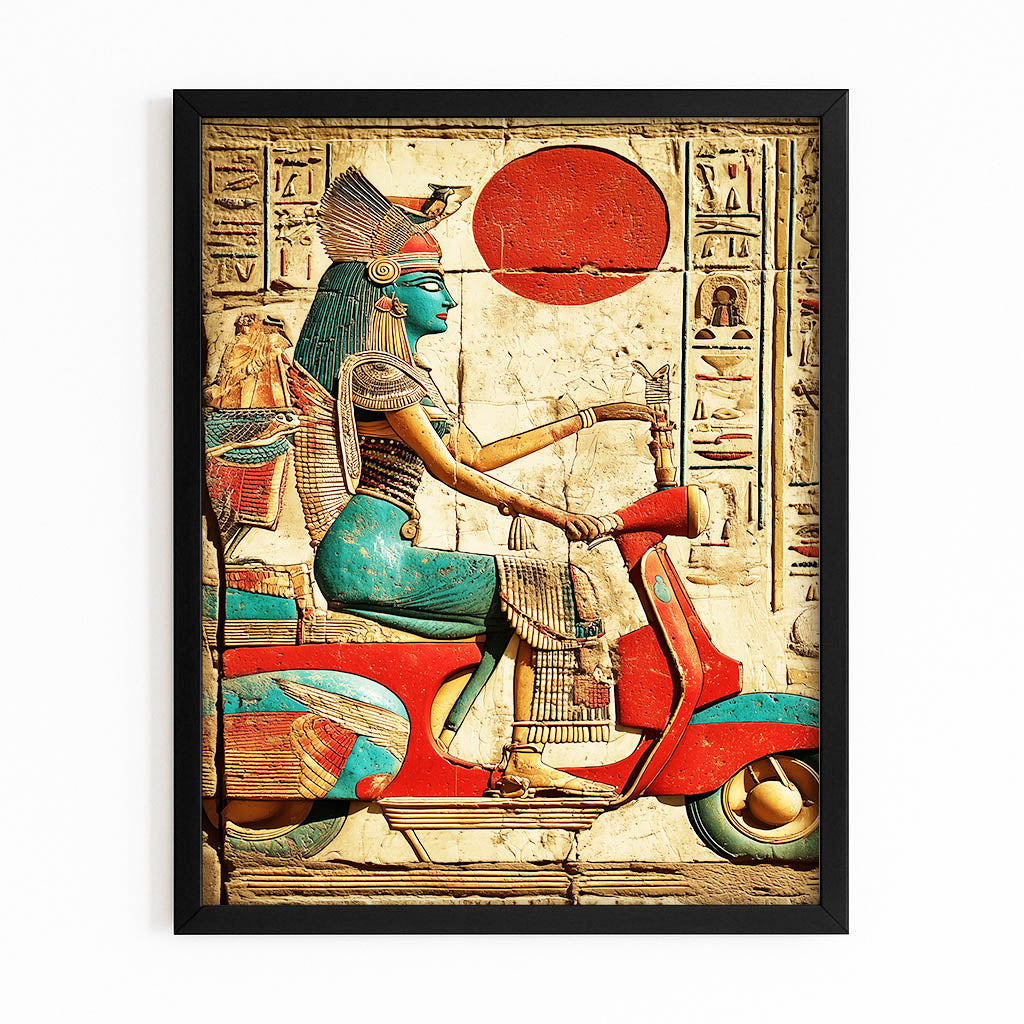 Modern Pharaoh Scooter Egyptian Canvas – with Premium Black frame on white background