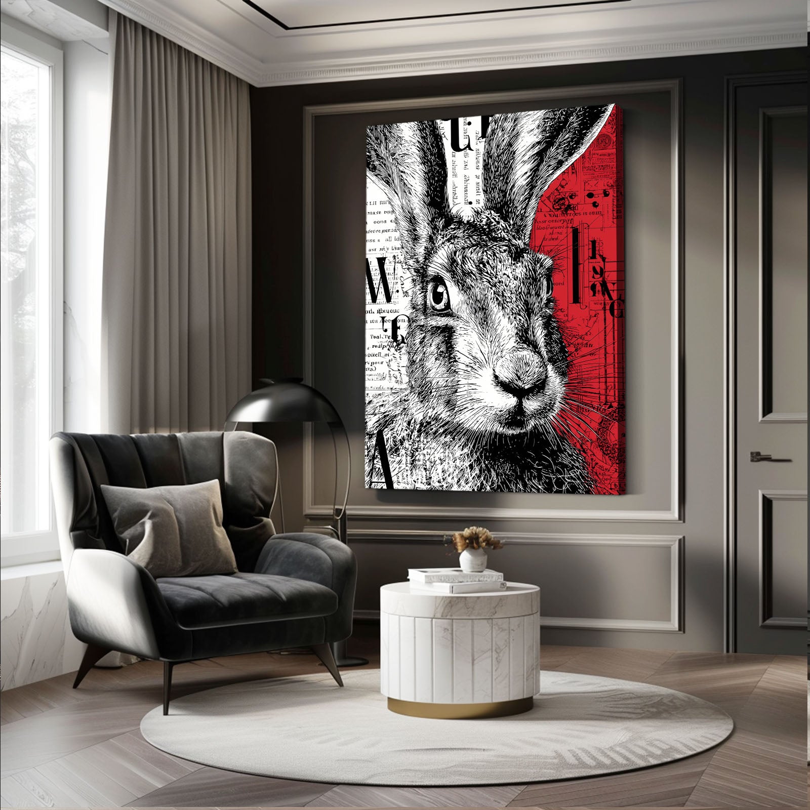 Modern Rabbit Art – angled canvas view on white background