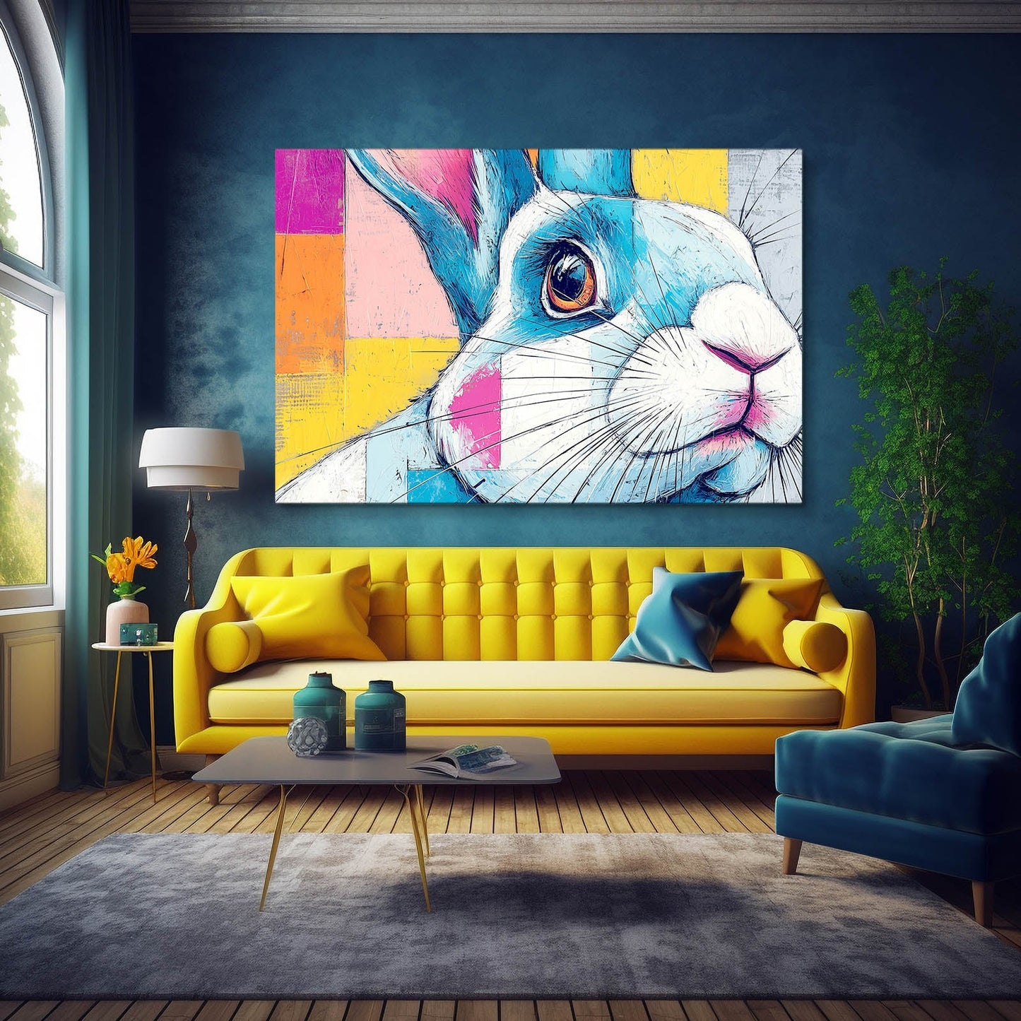 Modern Rabbit Wall Art – angled canvas view on white background