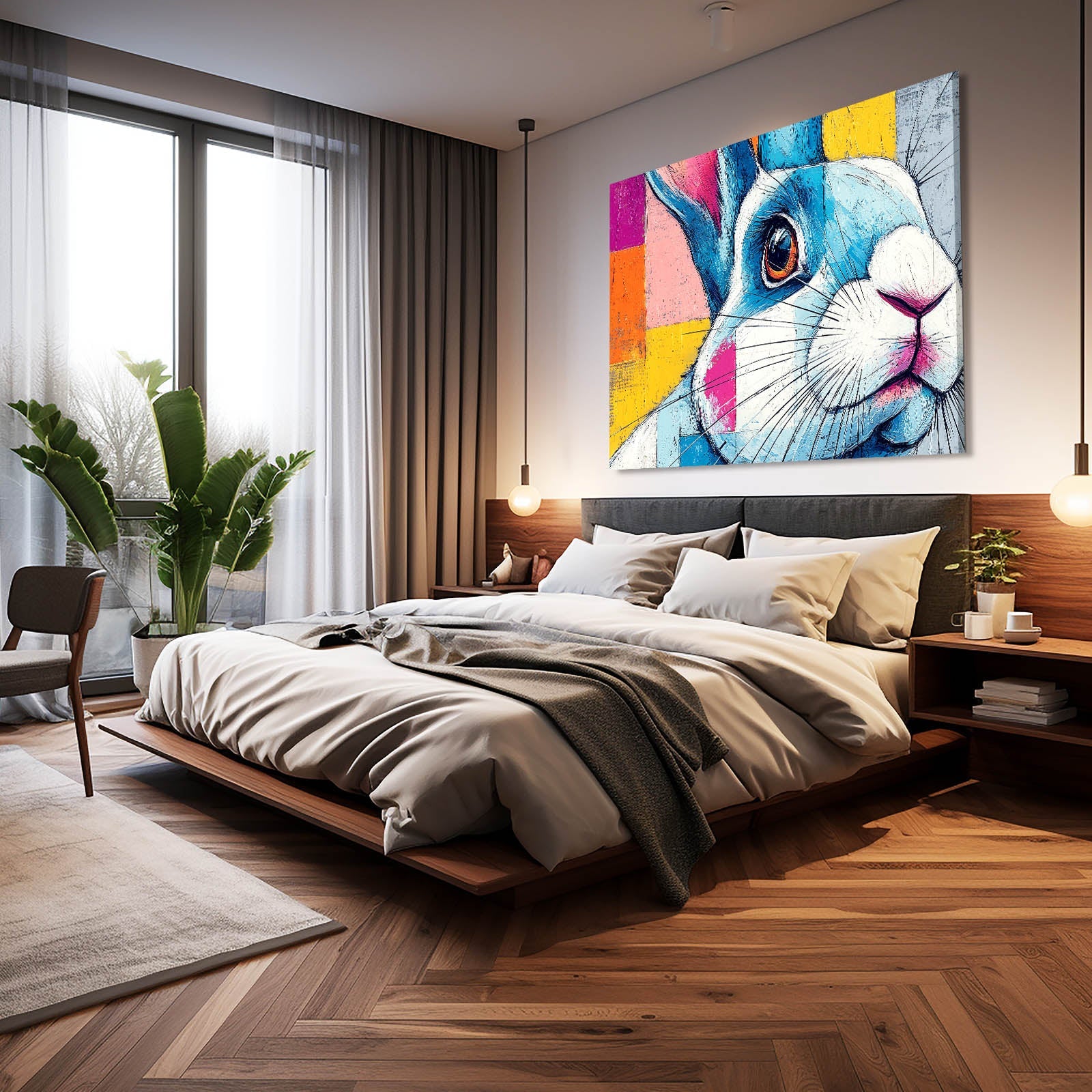Modern Rabbit Wall Art – angled canvas view on white background
