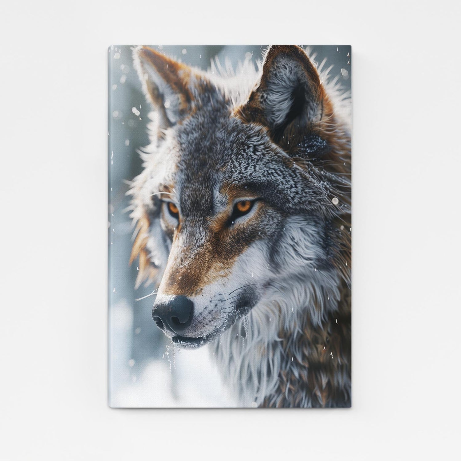 Modern Wolf Art — nature canvas print in gray tones, angled canvas view on white background
