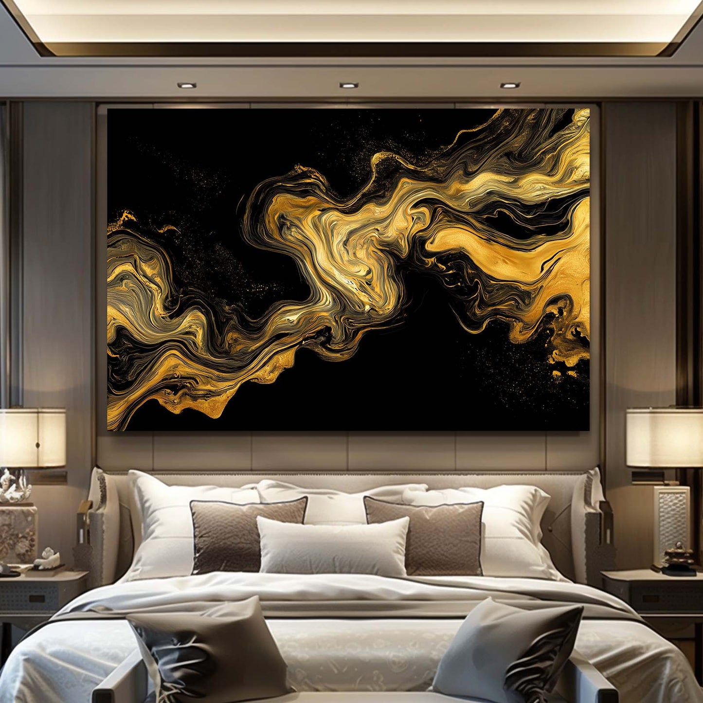 Molten Marble Swirl Gold Canvas Art – styled in a furnished interior