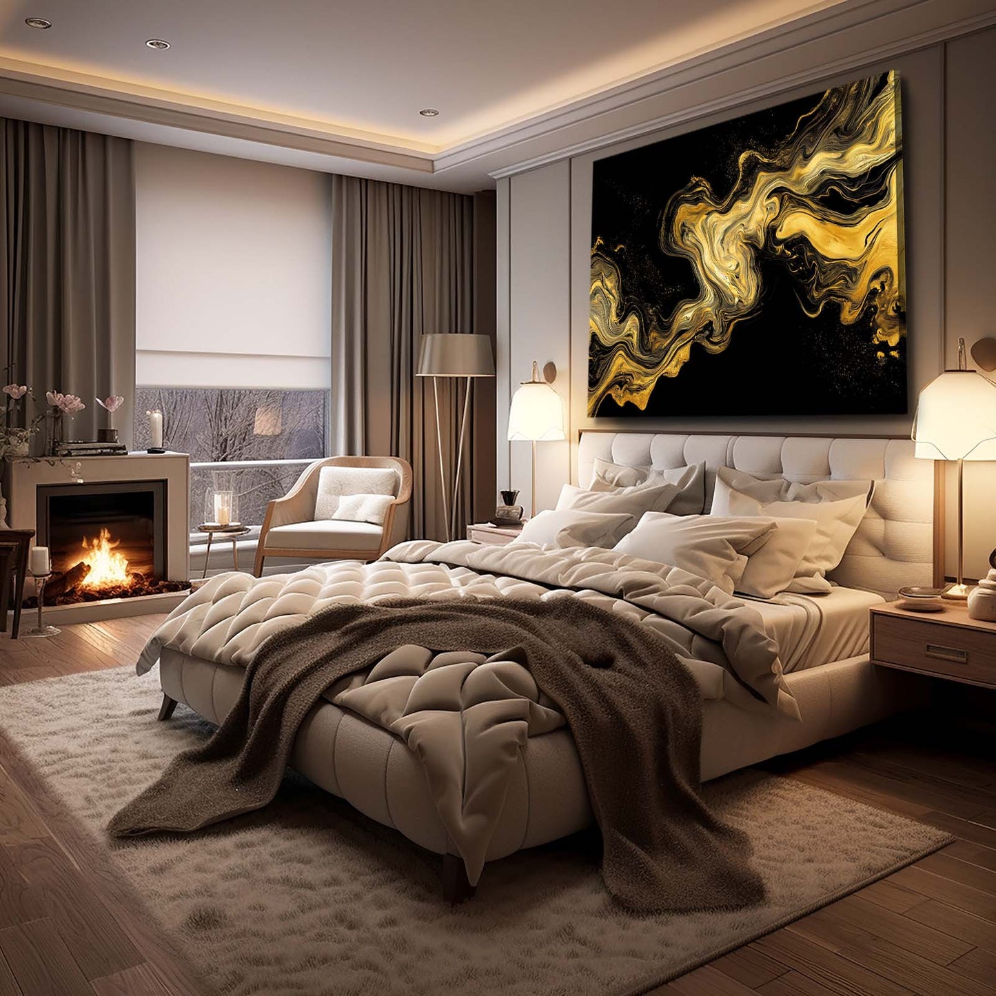 Molten Marble Swirl Gold Canvas Art – styled in a furnished interior