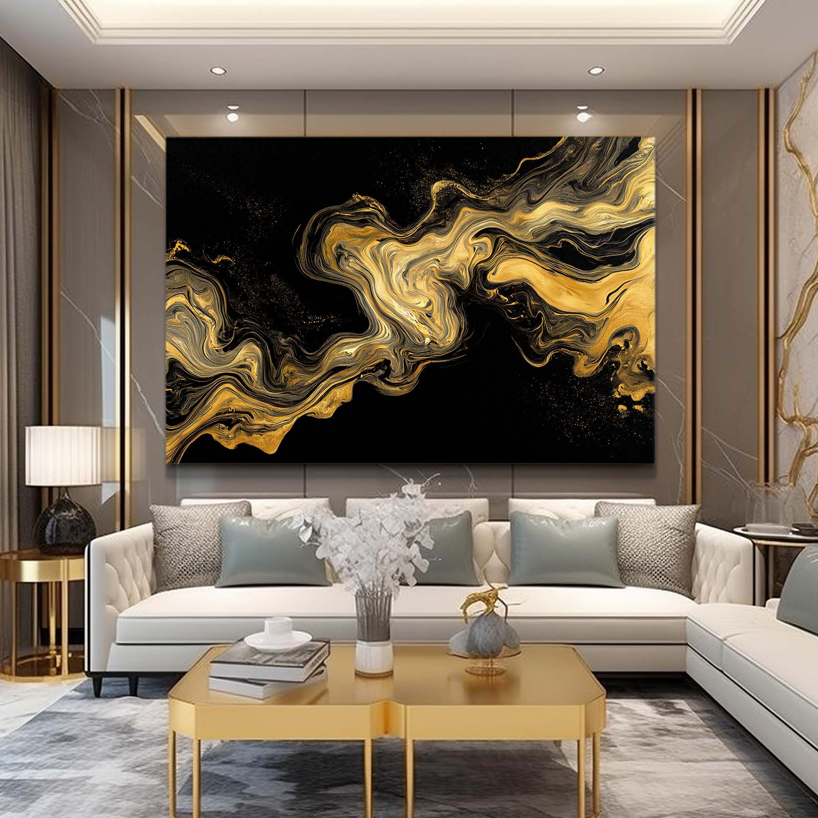 Molten Marble Swirl Gold Canvas Art – styled in a furnished interior