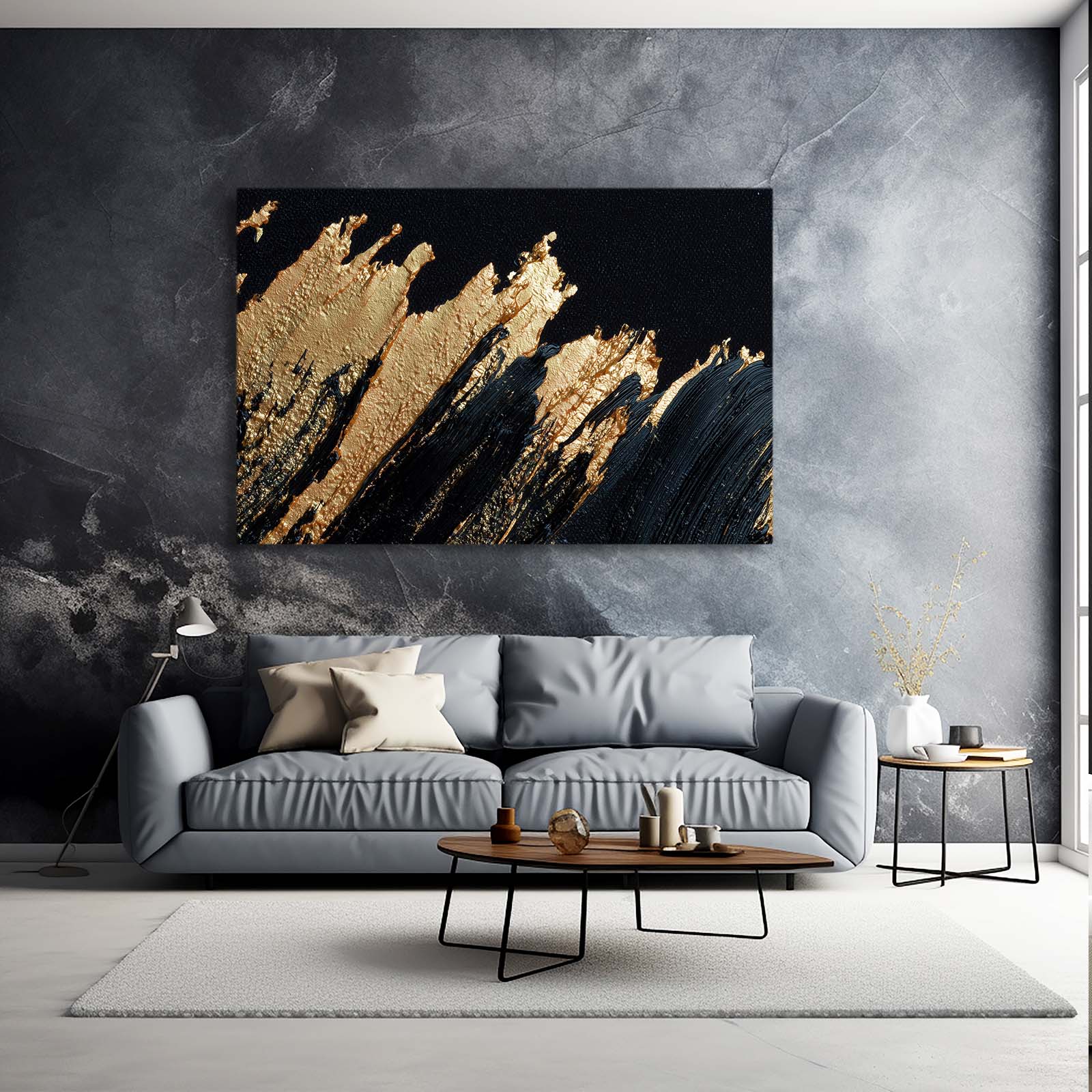 Molten Ridge Sweep Gold Art – styled in a furnished interior