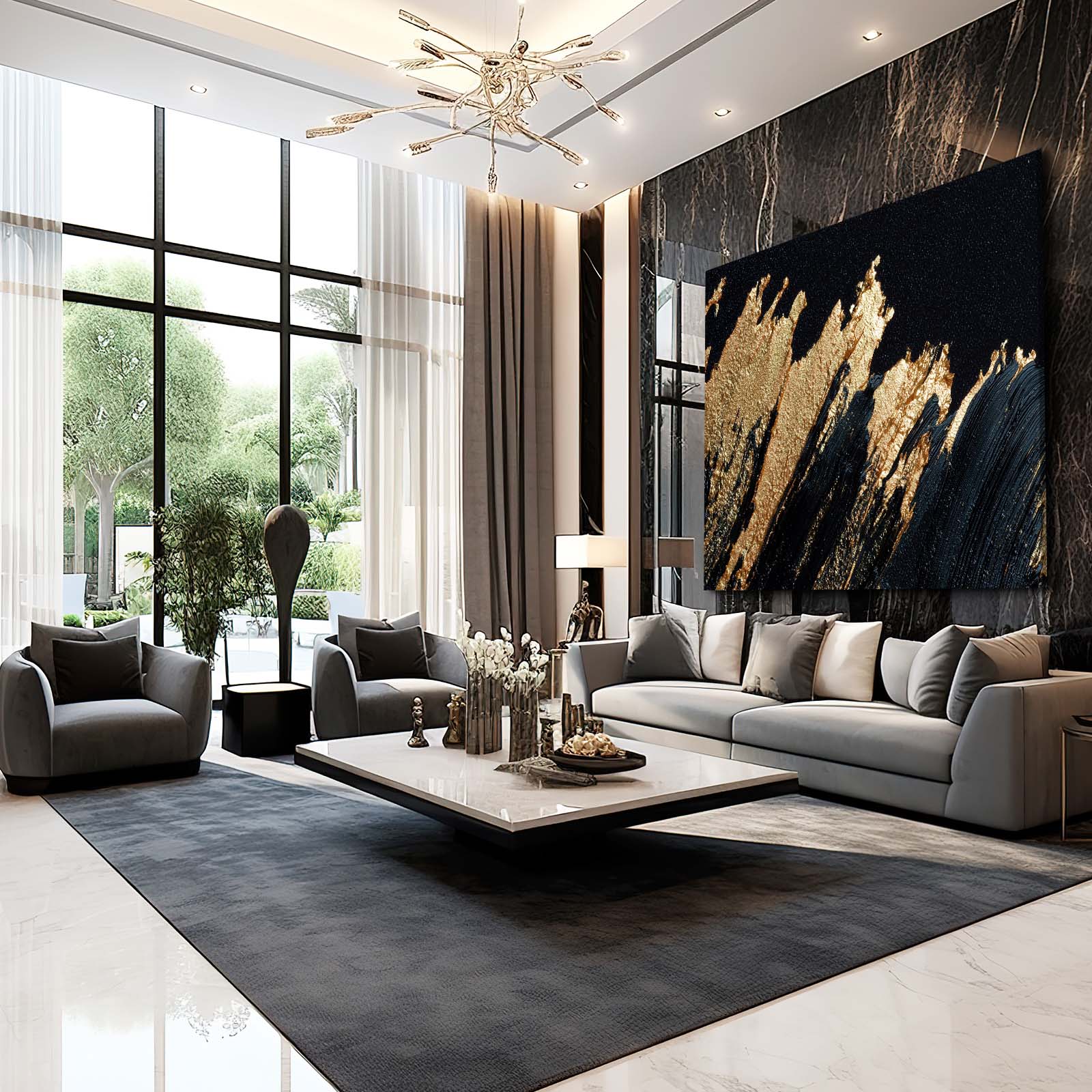 Molten Ridge Sweep Gold Art – styled in a furnished interior
