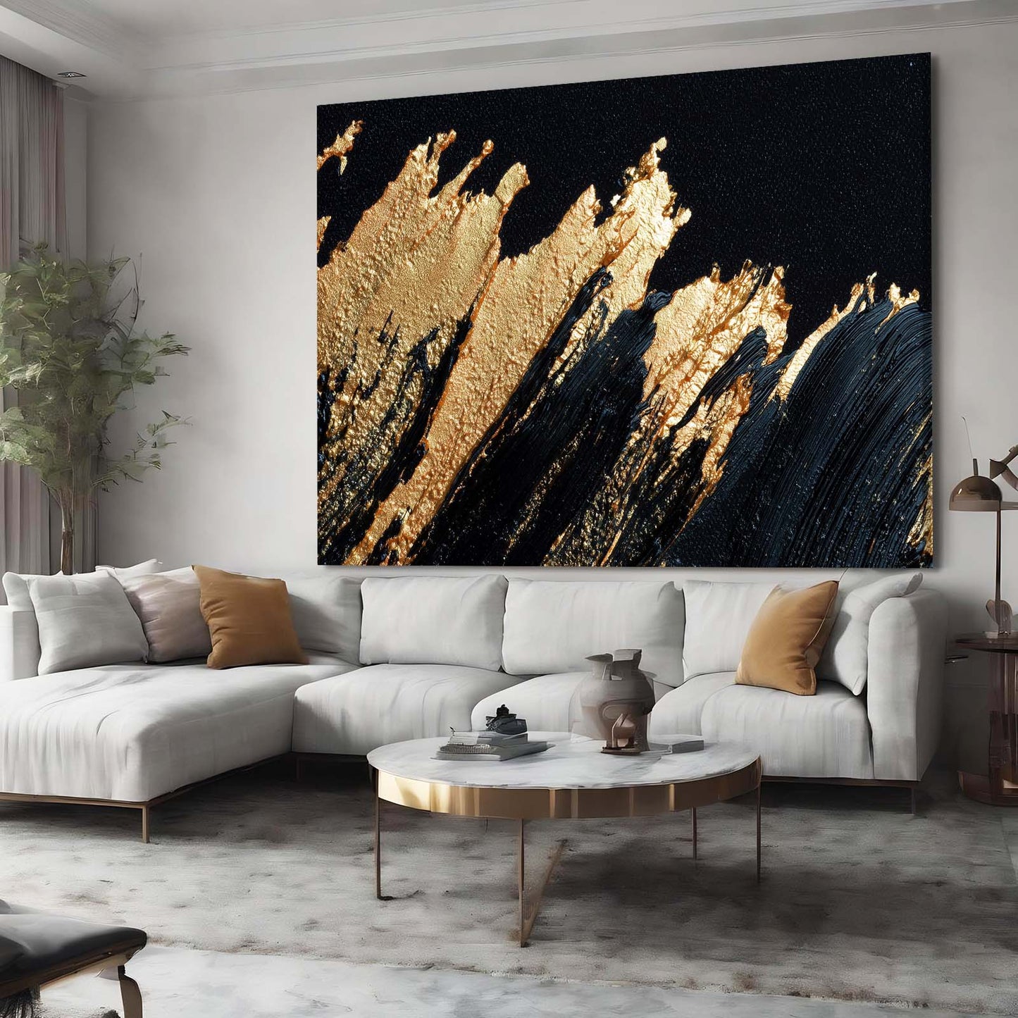 Molten Ridge Sweep Gold Art – styled in a furnished interior
