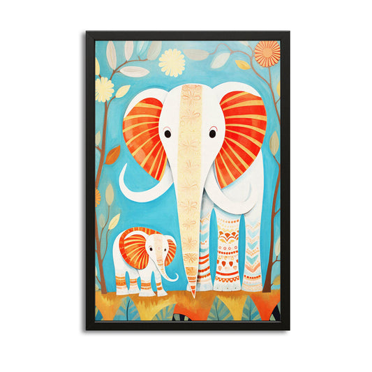 Mom Elephant Family Art — cute canvas print in blue tones, with Premium Black frame on white background