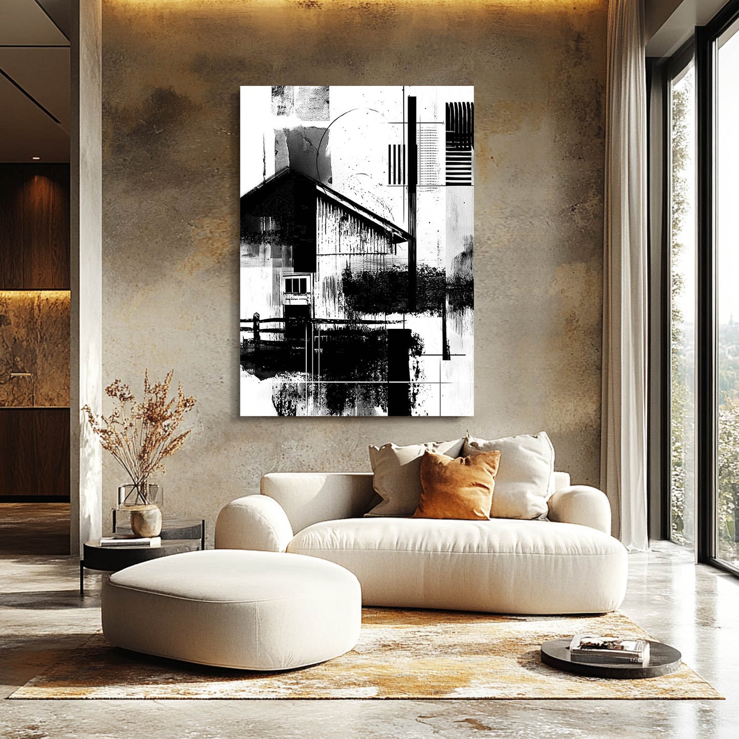 Monochrome Barn Abstract Farmhouse Canvas Art – styled in a furnished interior
