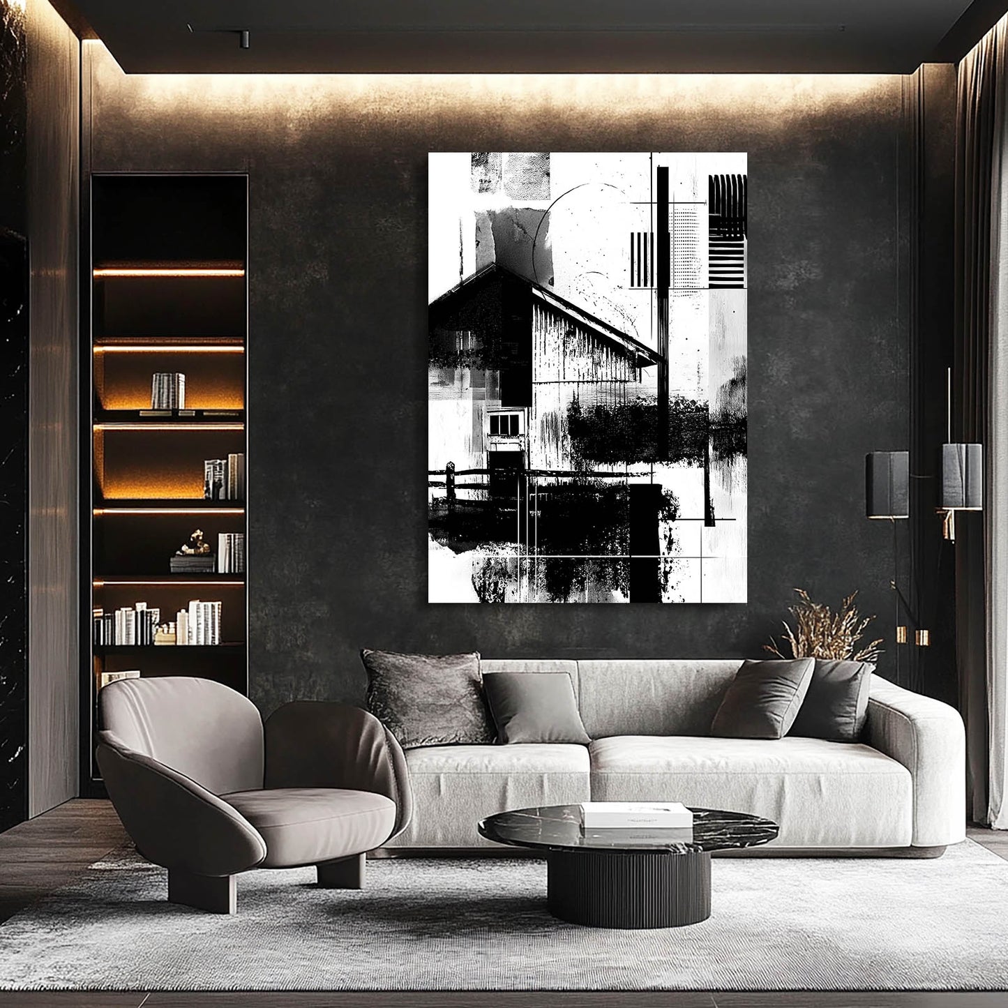 Monochrome Barn Abstract Farmhouse Canvas Art – styled in a furnished interior