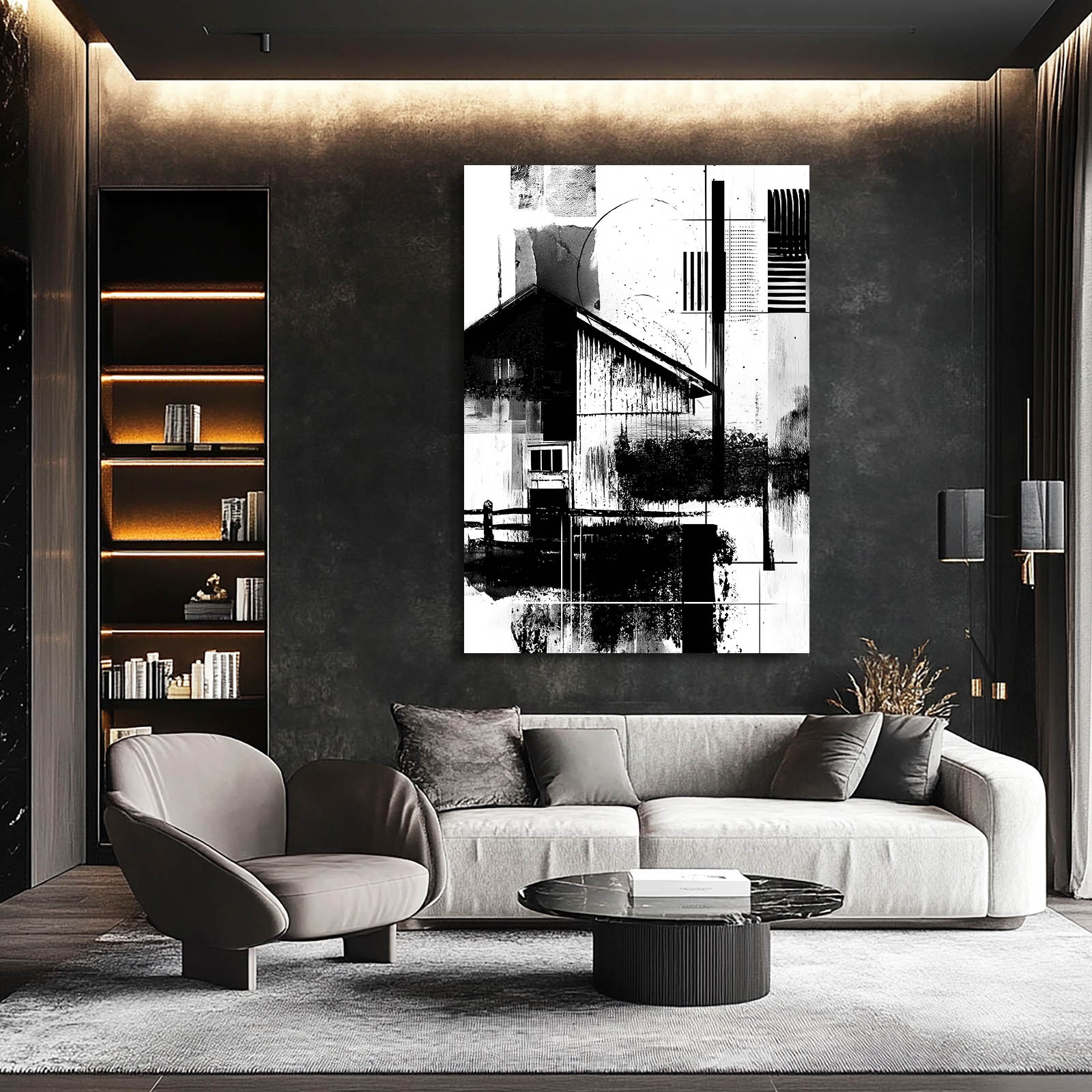 Monochrome Barn Abstract Farmhouse Canvas Art – styled in a furnished interior