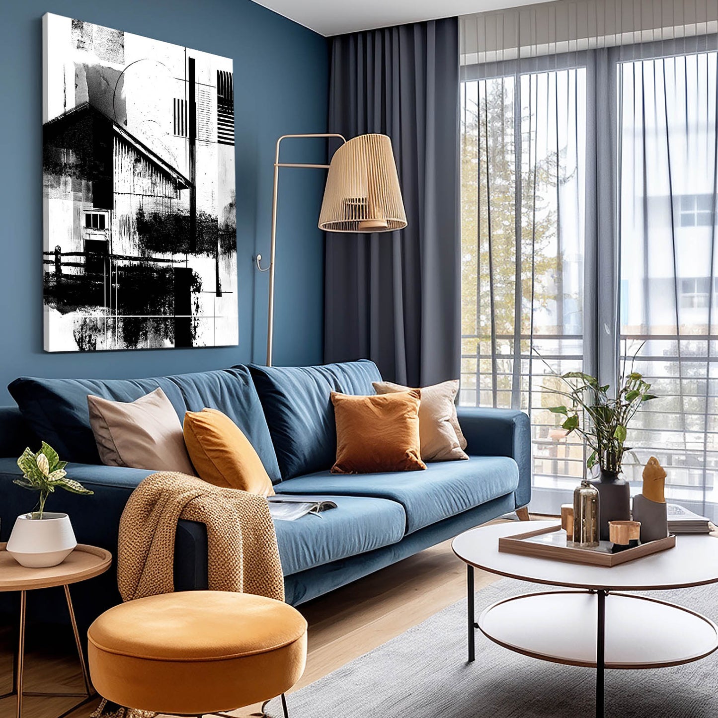 Monochrome Barn Abstract Farmhouse Canvas Art – styled in a furnished interior