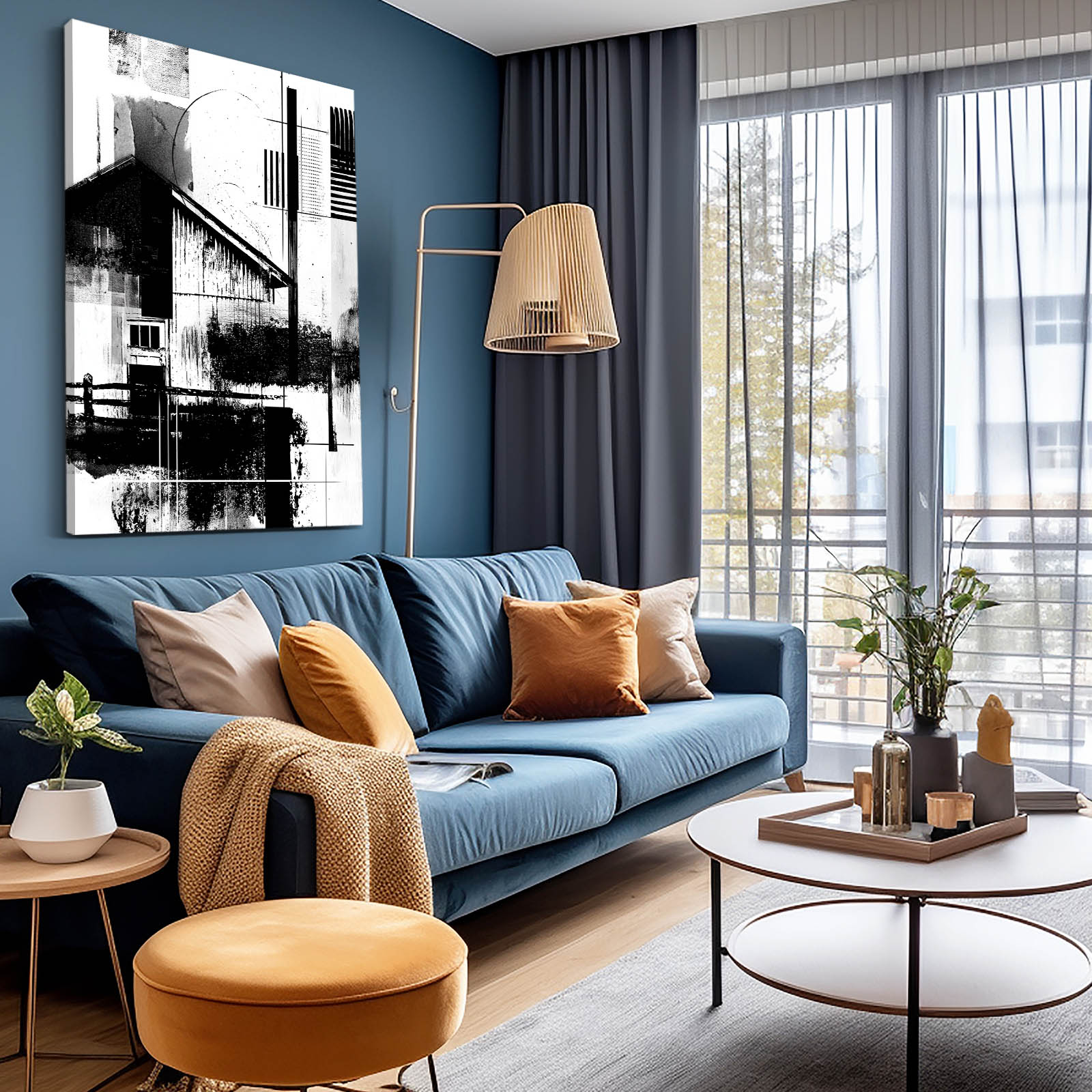 Monochrome Barn Abstract Farmhouse Canvas Art – styled in a furnished interior