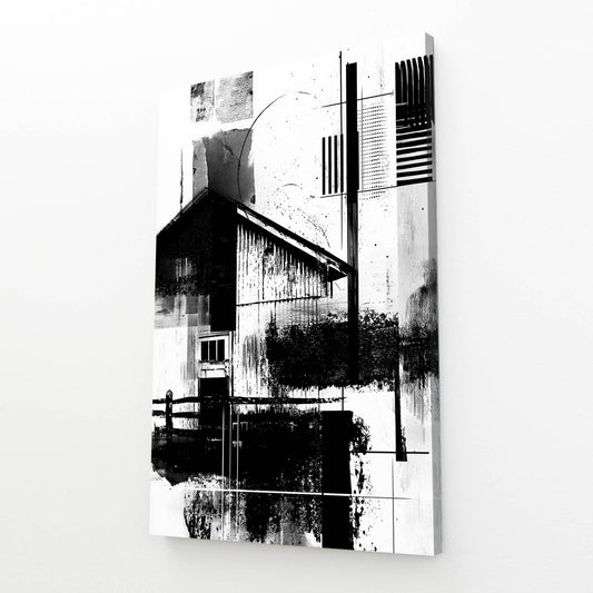 Monochrome Barn Abstract Farmhouse Canvas Art – angled canvas view on white background