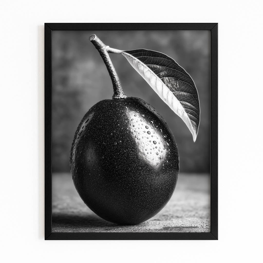 Monochrome Black Plum Fruit Canvas Art – with Premium Black frame on white background
