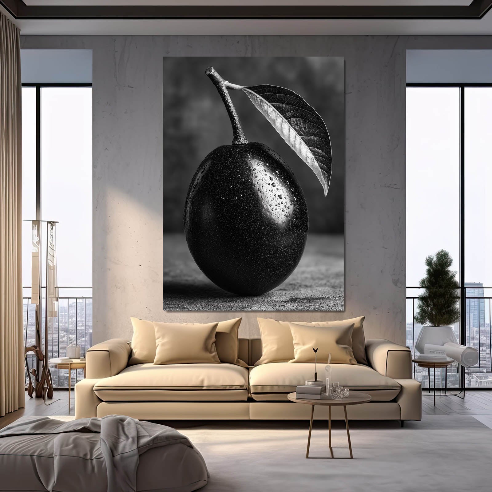 Monochrome Black Plum Fruit Canvas Art – styled in a furnished interior