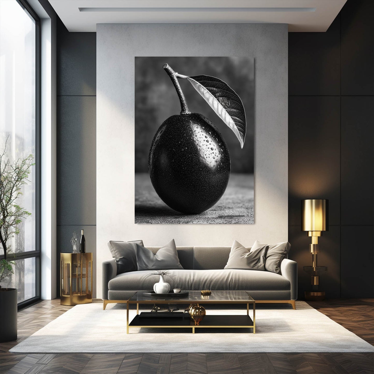 Monochrome Black Plum Fruit Canvas Art – styled in a furnished interior