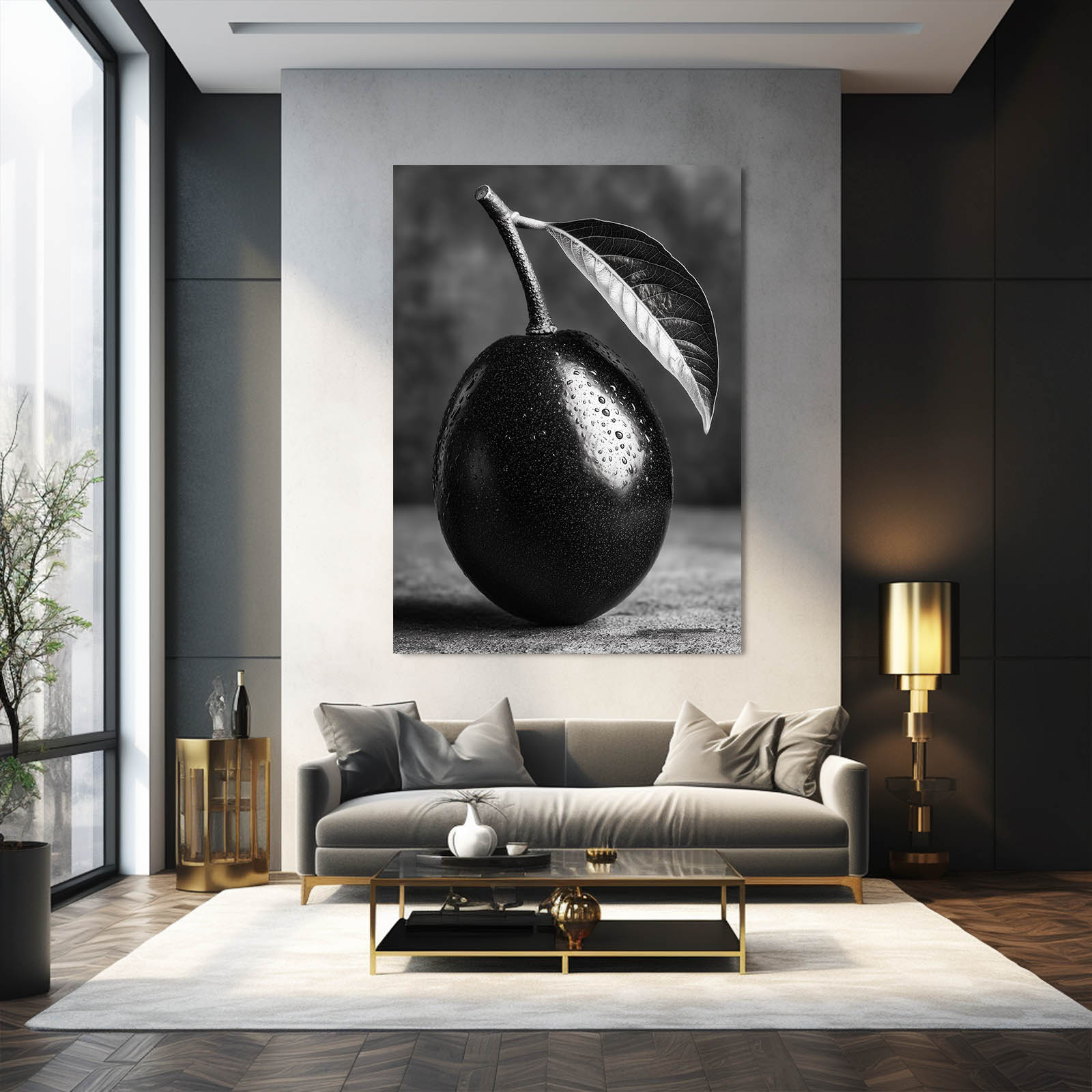 Monochrome Black Plum Fruit Canvas Art – styled in a furnished interior