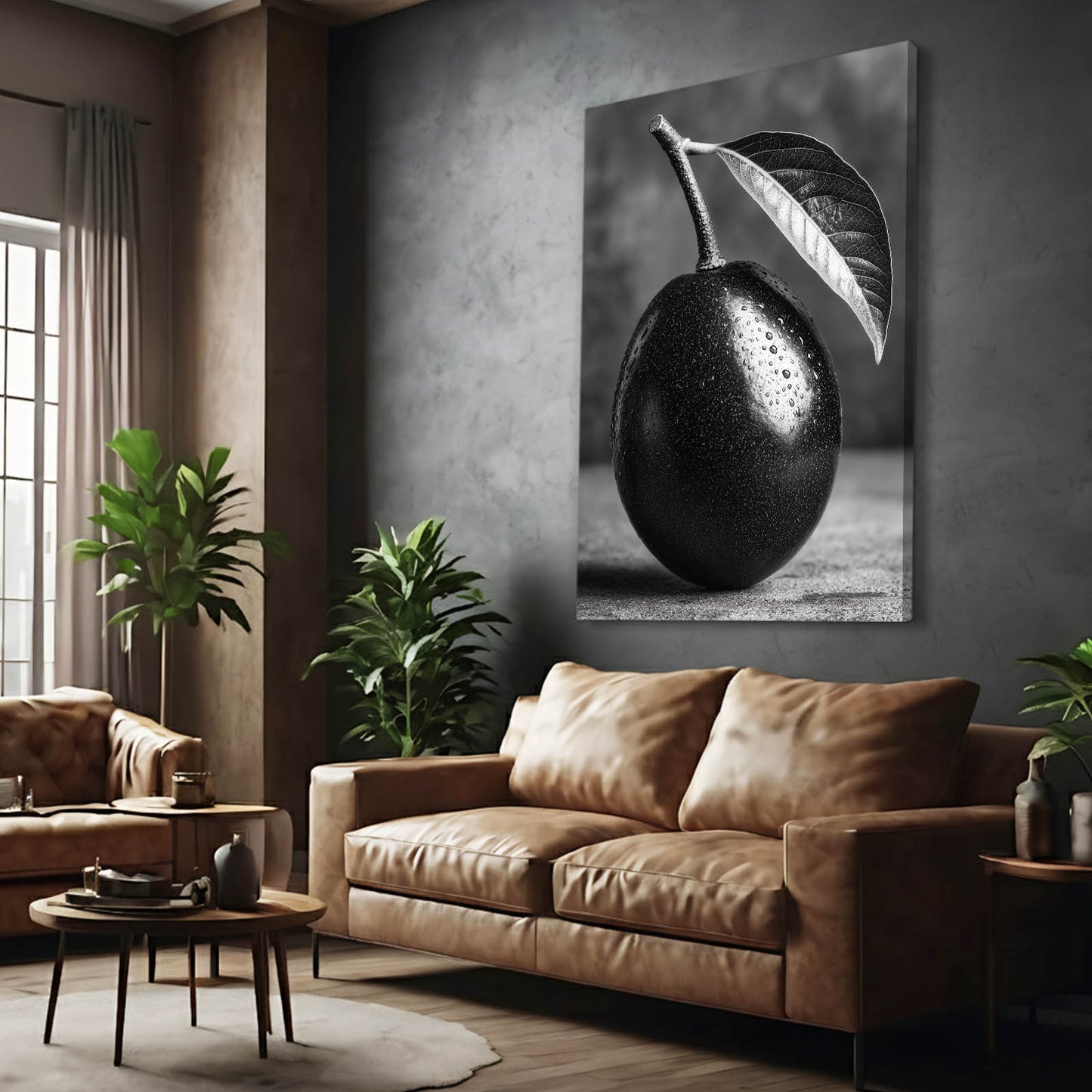 Monochrome Black Plum Fruit Canvas Art – styled in a furnished interior