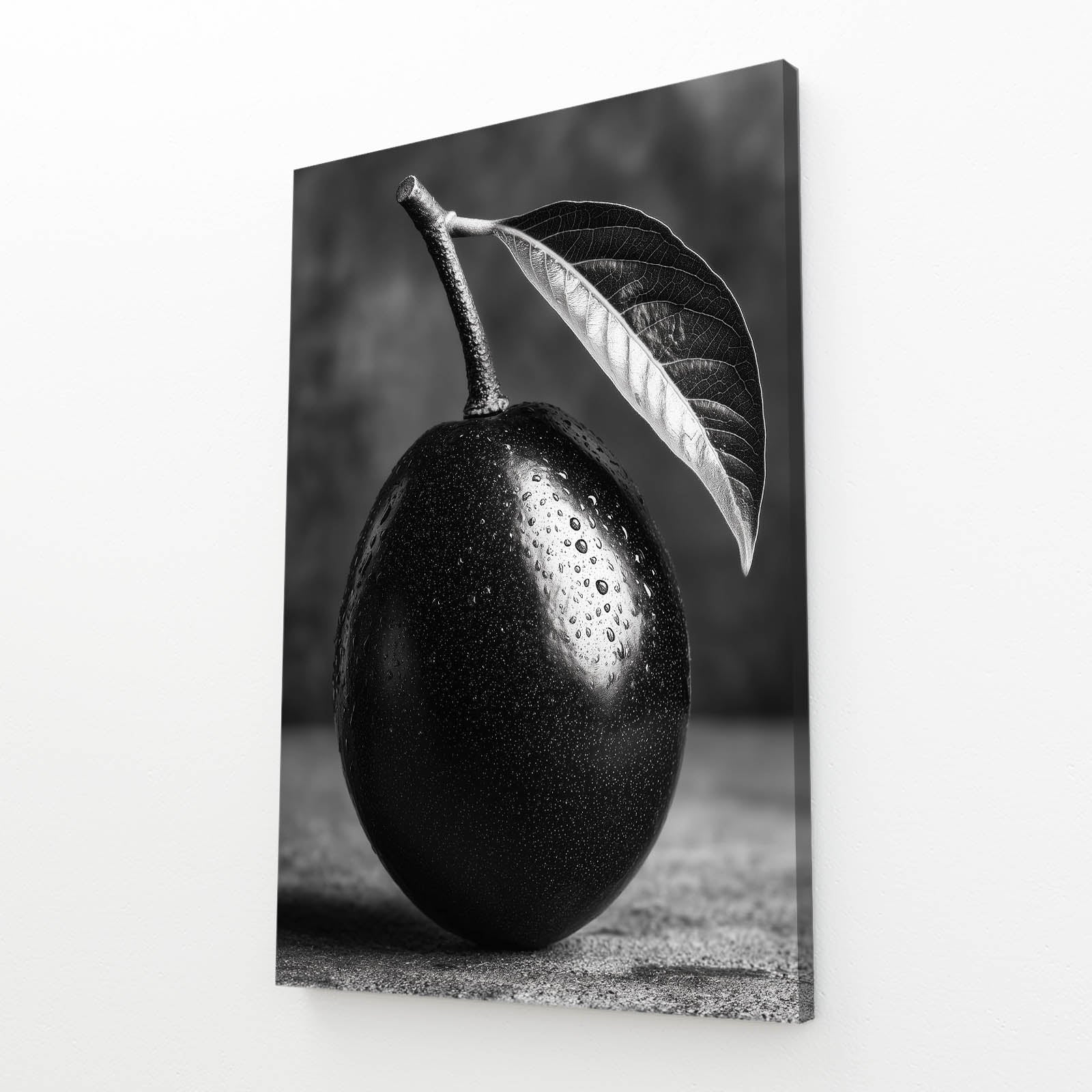 Monochrome Black Plum Fruit Canvas Art – angled canvas view on white background
