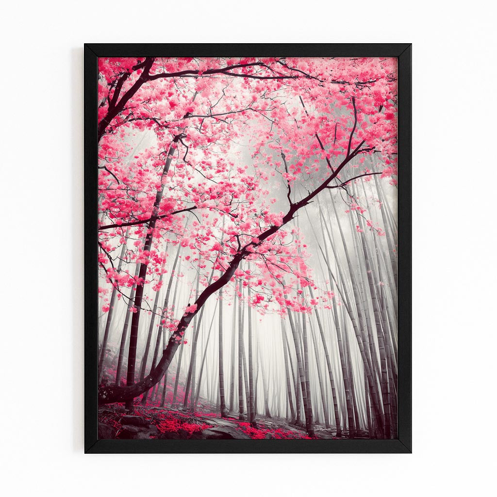 Monochrome Forest Path Cherry Blossom Wall Decor – with Premium Black frame on white background