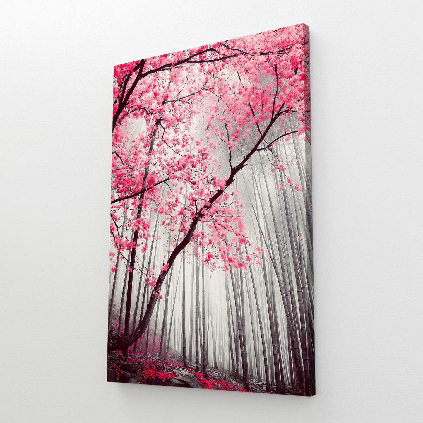 Monochrome Forest Path Cherry Blossom Wall Decor – styled in a furnished interior