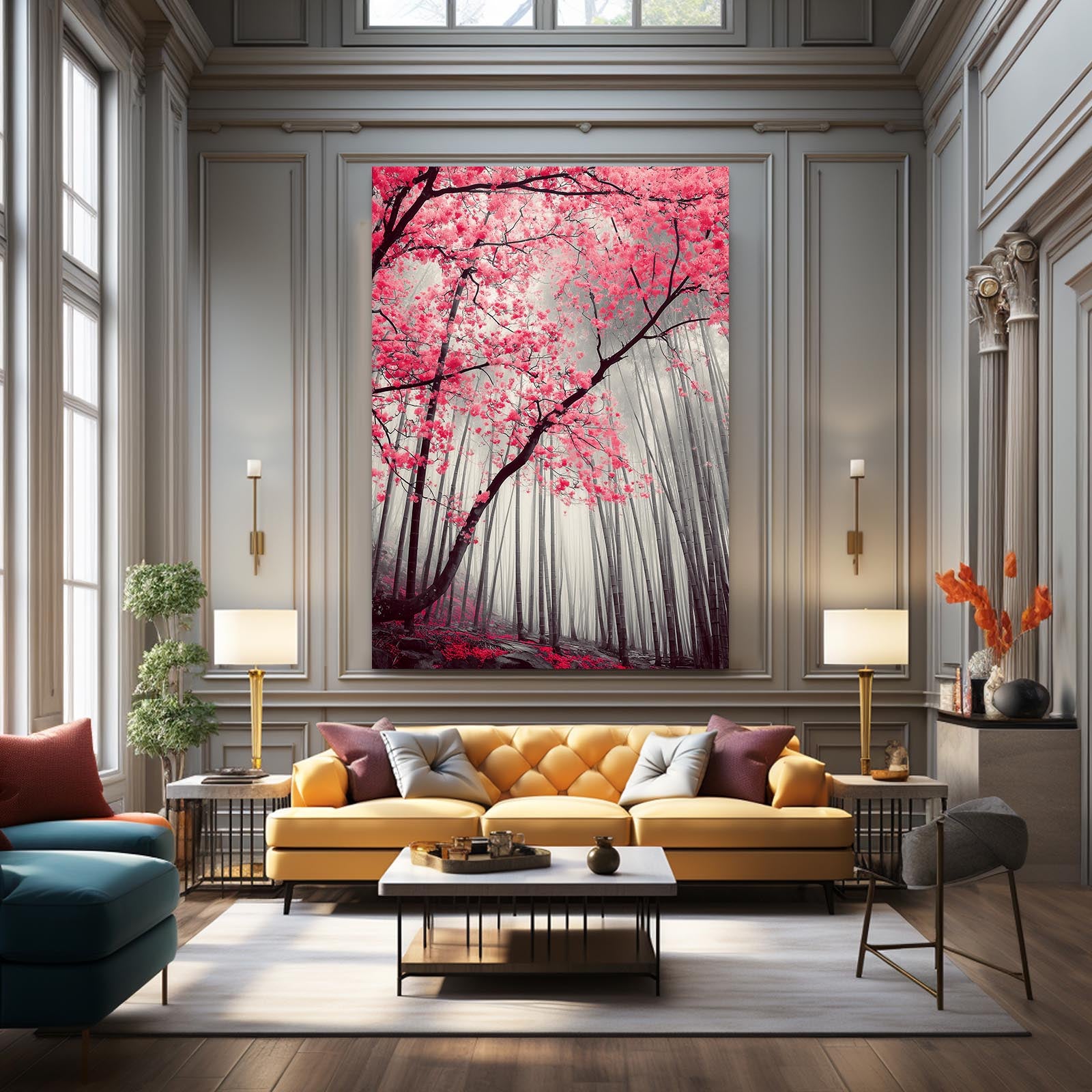 Monochrome Forest Path Cherry Blossom Wall Decor – styled in a furnished interior