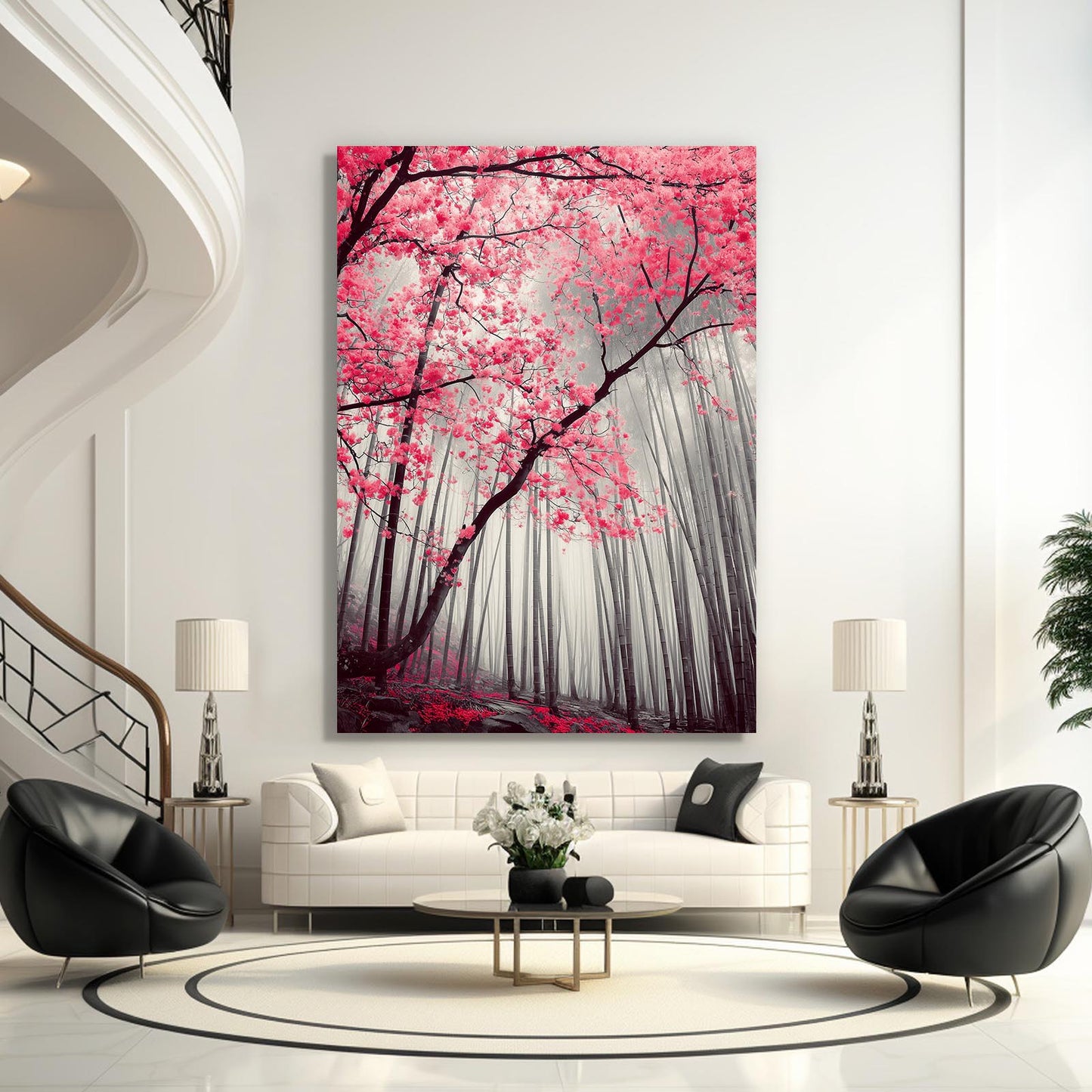 Monochrome Forest Path Cherry Blossom Wall Decor – styled in a furnished interior