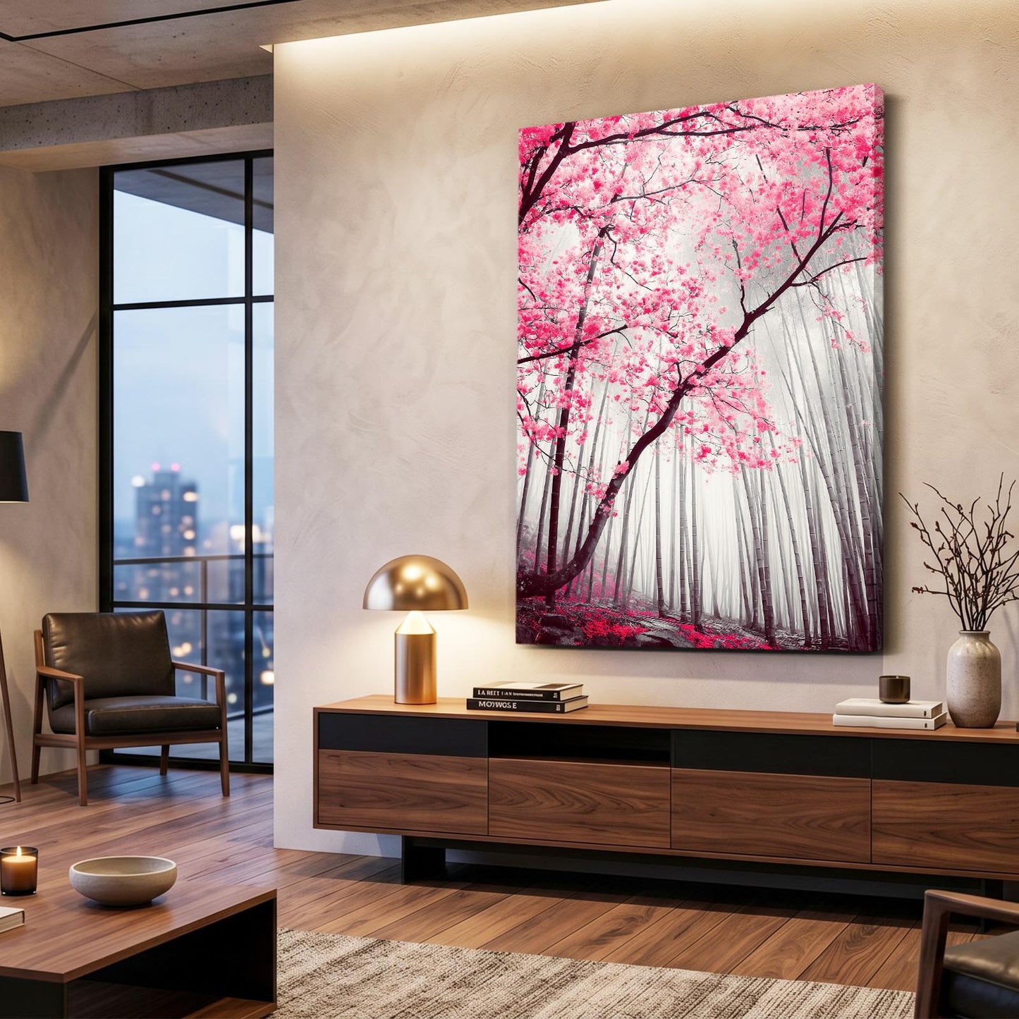 Monochrome Forest Path Cherry Blossom Wall Decor – styled in a furnished interior