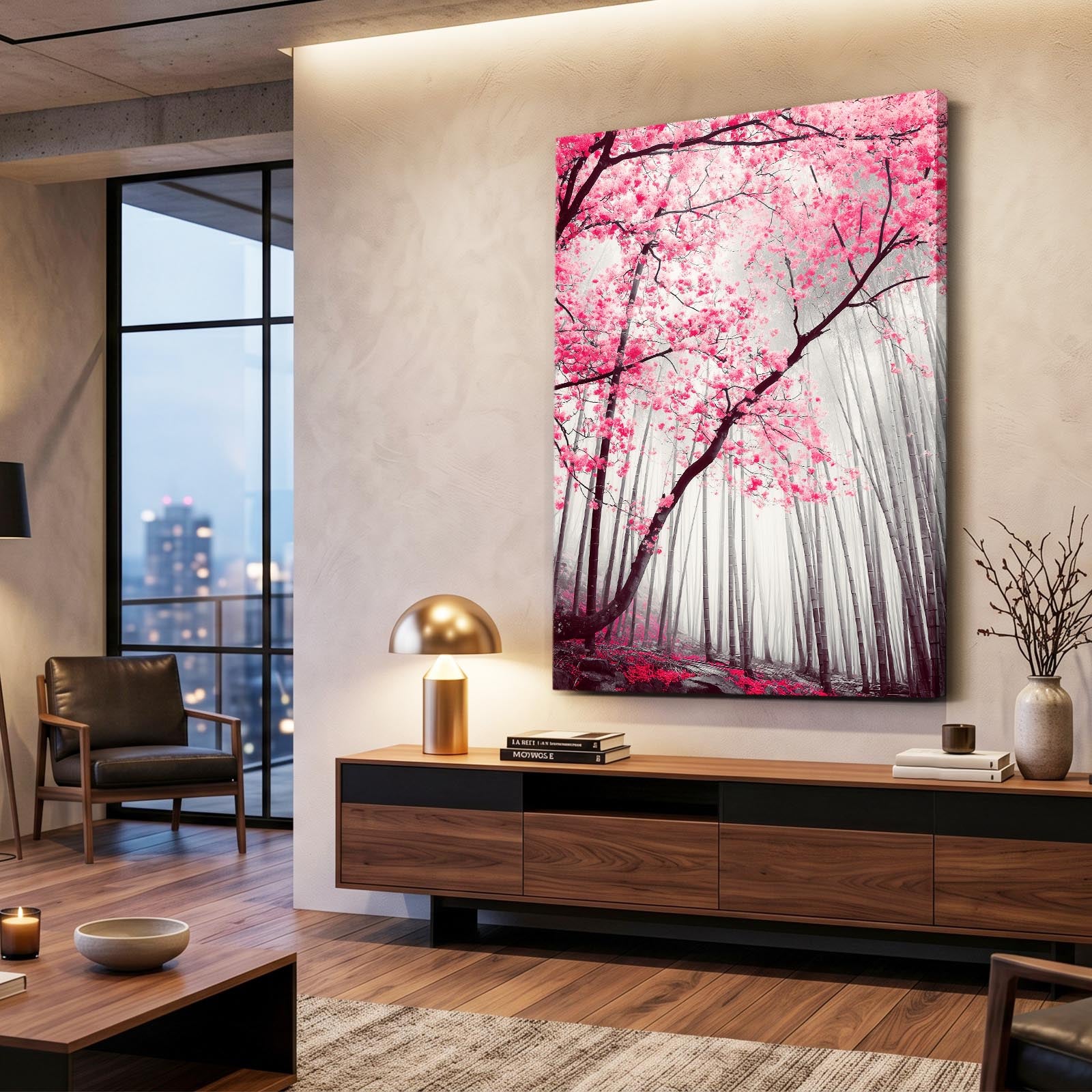 Monochrome Forest Path Cherry Blossom Wall Decor – styled in a furnished interior